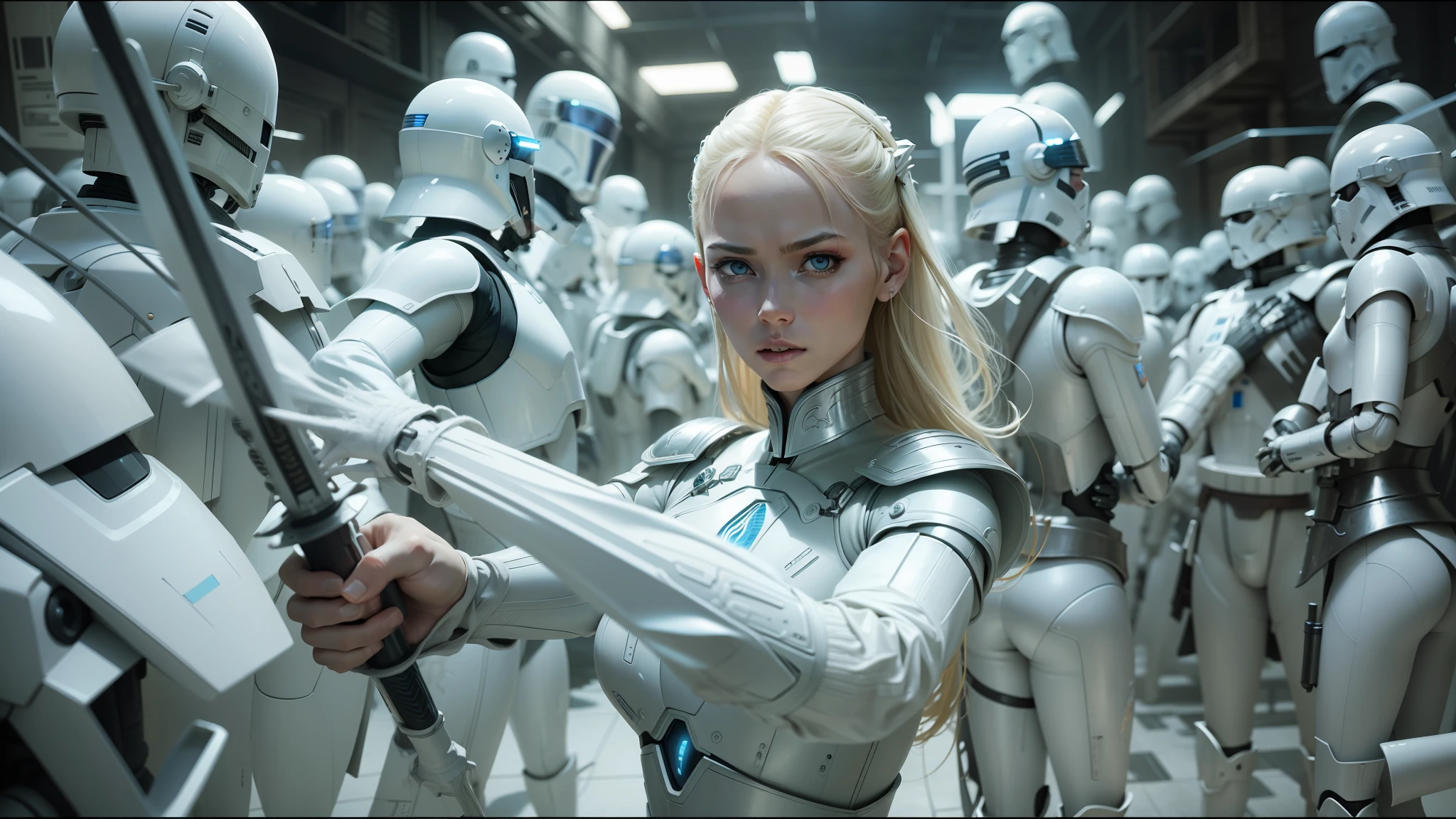 Arafed woman in a futuristic suit holding a gun in front of a group of  troopers - SeaArt AI