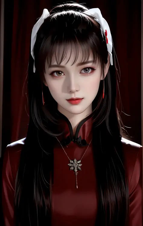 Best Quality, Masterpiece, Vampire, Full Covered Red and Black Cloth, Visible Vampire Teeth, High Resolution, 1girl, Porcelain Dress, Hair Accessories, Necklace, Jewelry, Beautiful Face, Physical, Tyndall Effect, Realistic, Dark Studio, Edge Lighting, Two-...