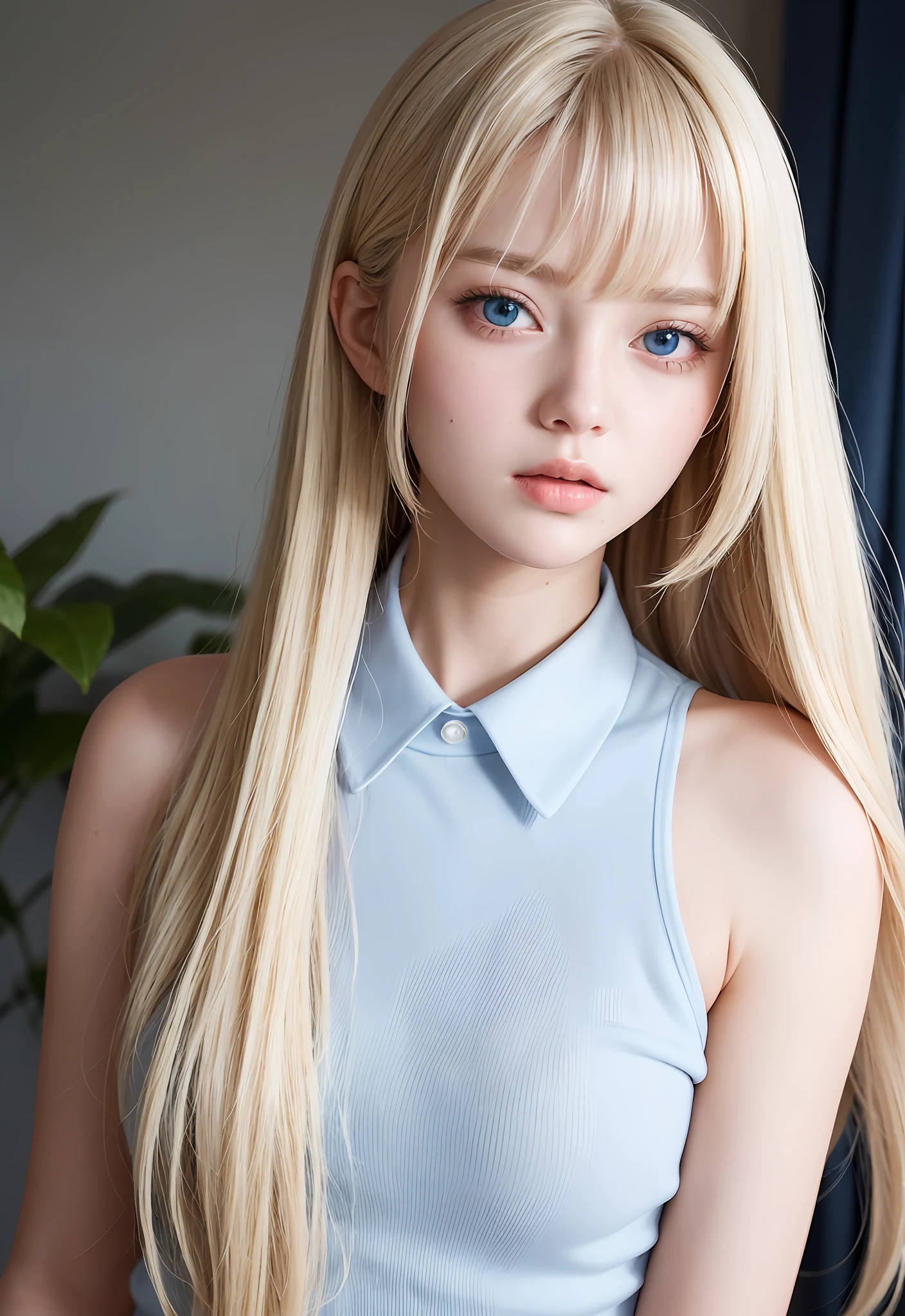 Uniform, high school student, sexy and very beautiful face, highlight lip, white shiny skin, beautiful skin, bangs between eyes, bright beautiful platinum blonde with shining luster, super long silky hair, sexy 16 years old, beautiful and cute pale sky blue eyes, beautiful and nice cute cute beautiful girl