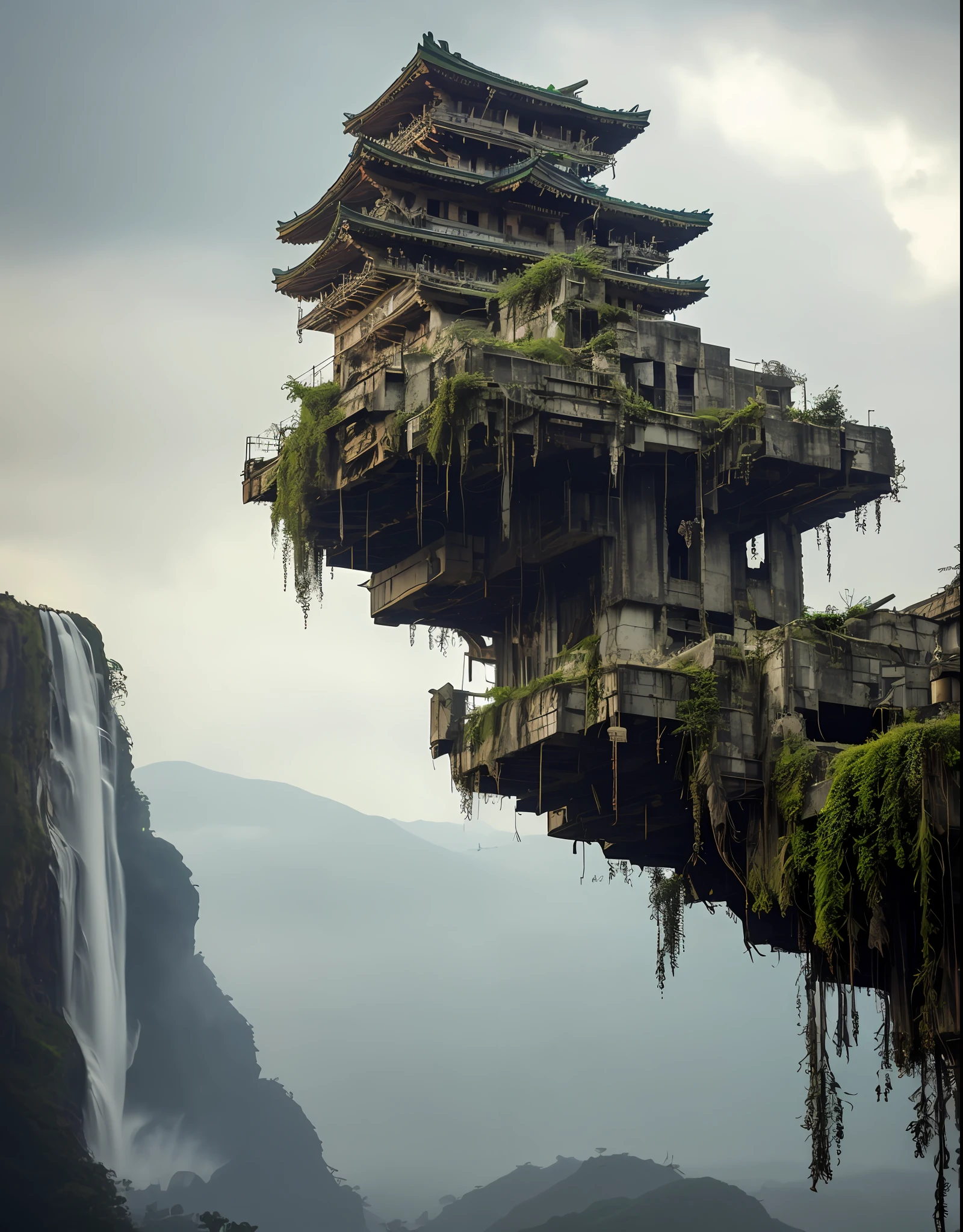 Oparts, Super Ancient Civilization, High-rise, Japanese-style, Overgrown Post-apocalyptic Ruins, Birds in the Sky, Rainbow, Waterfall :: Close Shot :: 3 5 mm, Realism, Octane Rendering, 8K, Exploration, Cinematic, ArtStation Trends, Realistic, 3 5 mm Camera, Unreal Engine, Hyper Detail, Photo-realistic Maximum Detail, Volumetric Light, moody cinematic epic concept art, realistic matte painting, hyperphotorealism, concept art, volumetric light, cinematic epic, octane rendering, 8 k, corona rendering, movie concept art, octane rendering, 8k, corona rendering, cinematic, ArtStation Trends, Movie Concept Art, Movie Composition, Ultra Detail, Realistic, Hyperreal, Volumetric Lighting, 8K