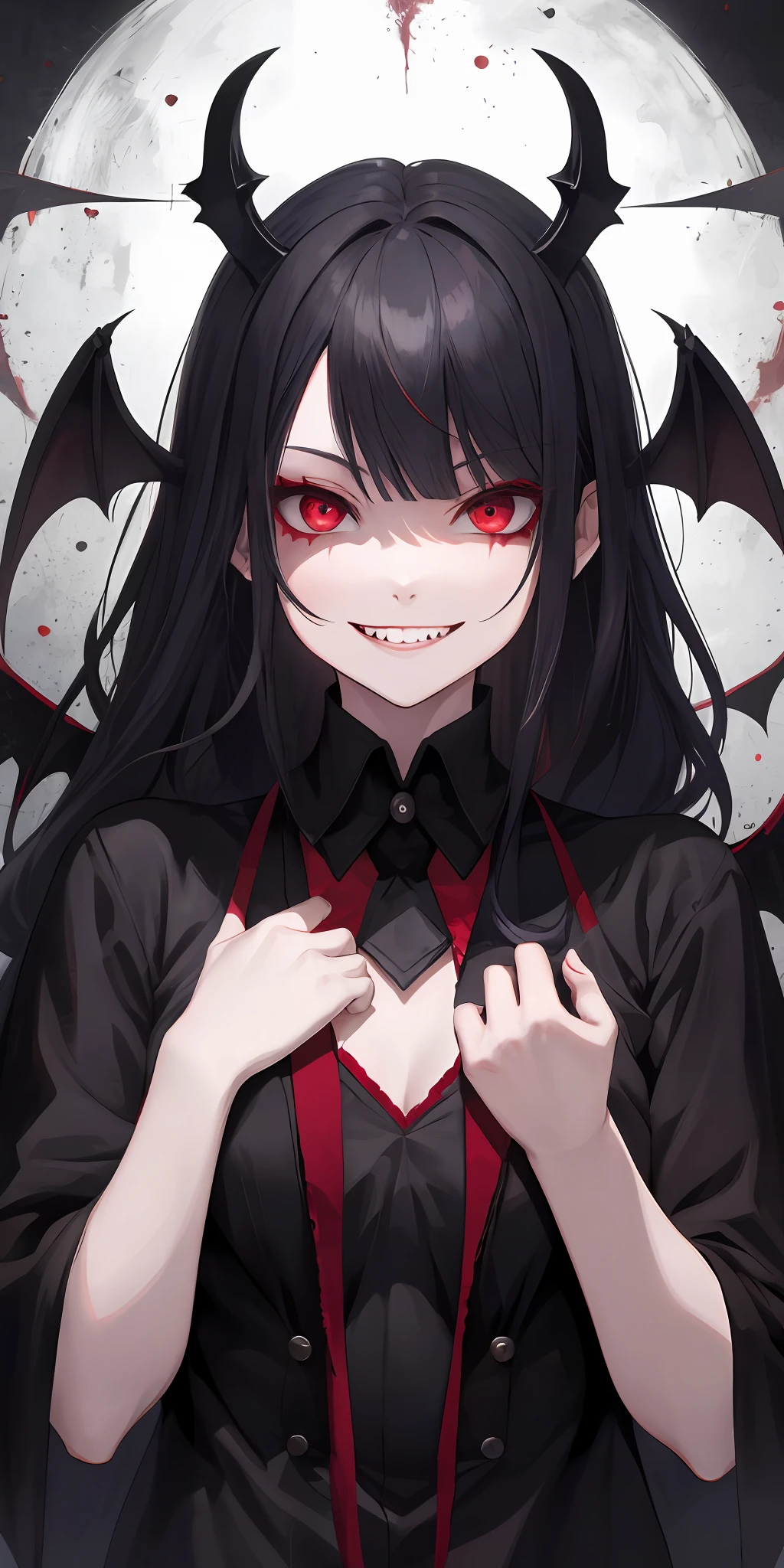 Red eyes, vampir teeth fangs, booldy face, blood out of mouth, smirk ...