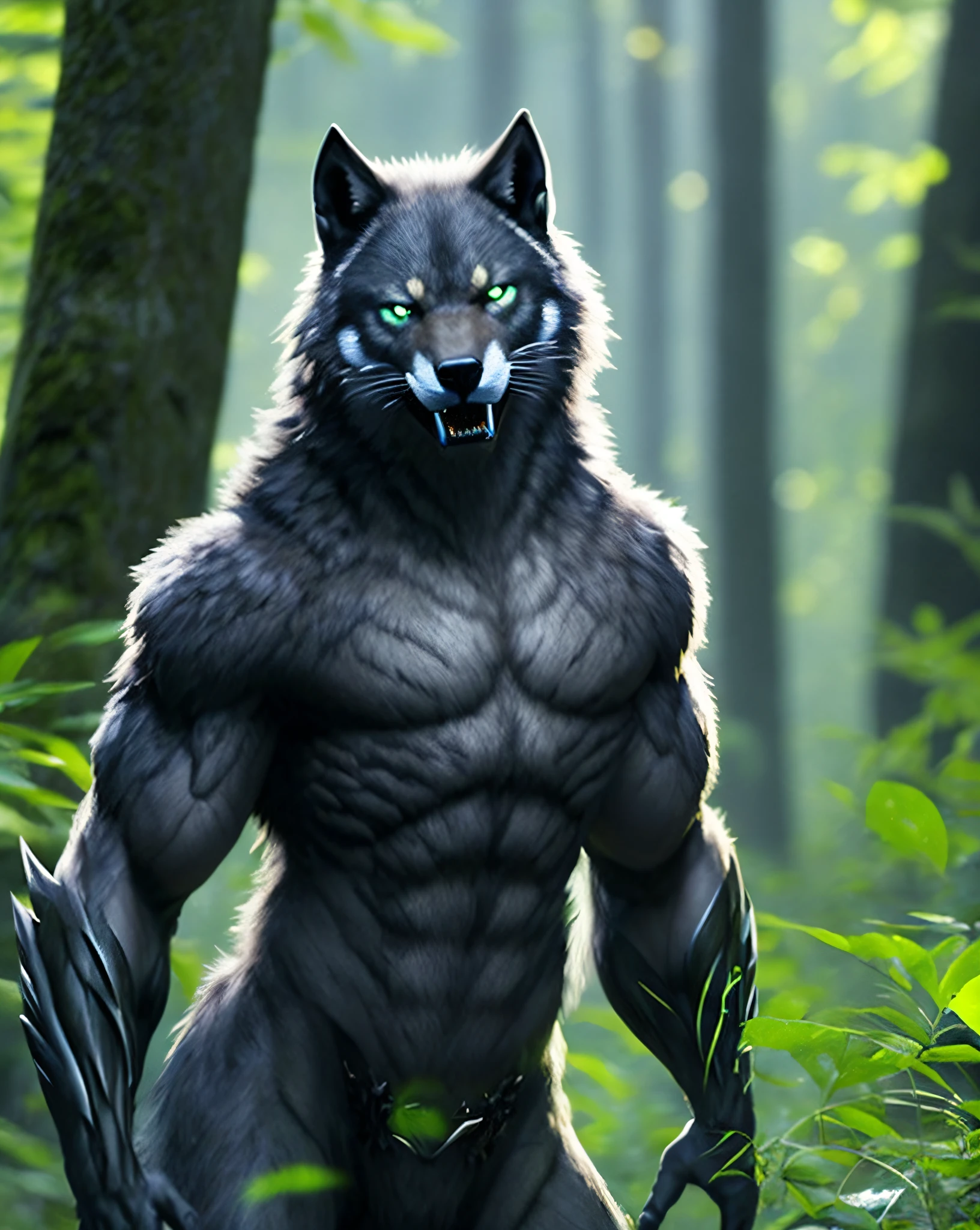 fking_scifi_v2, werewolf, werewolf, panther large-headed, (green eyes), in a forest, 80mm, f/1.8