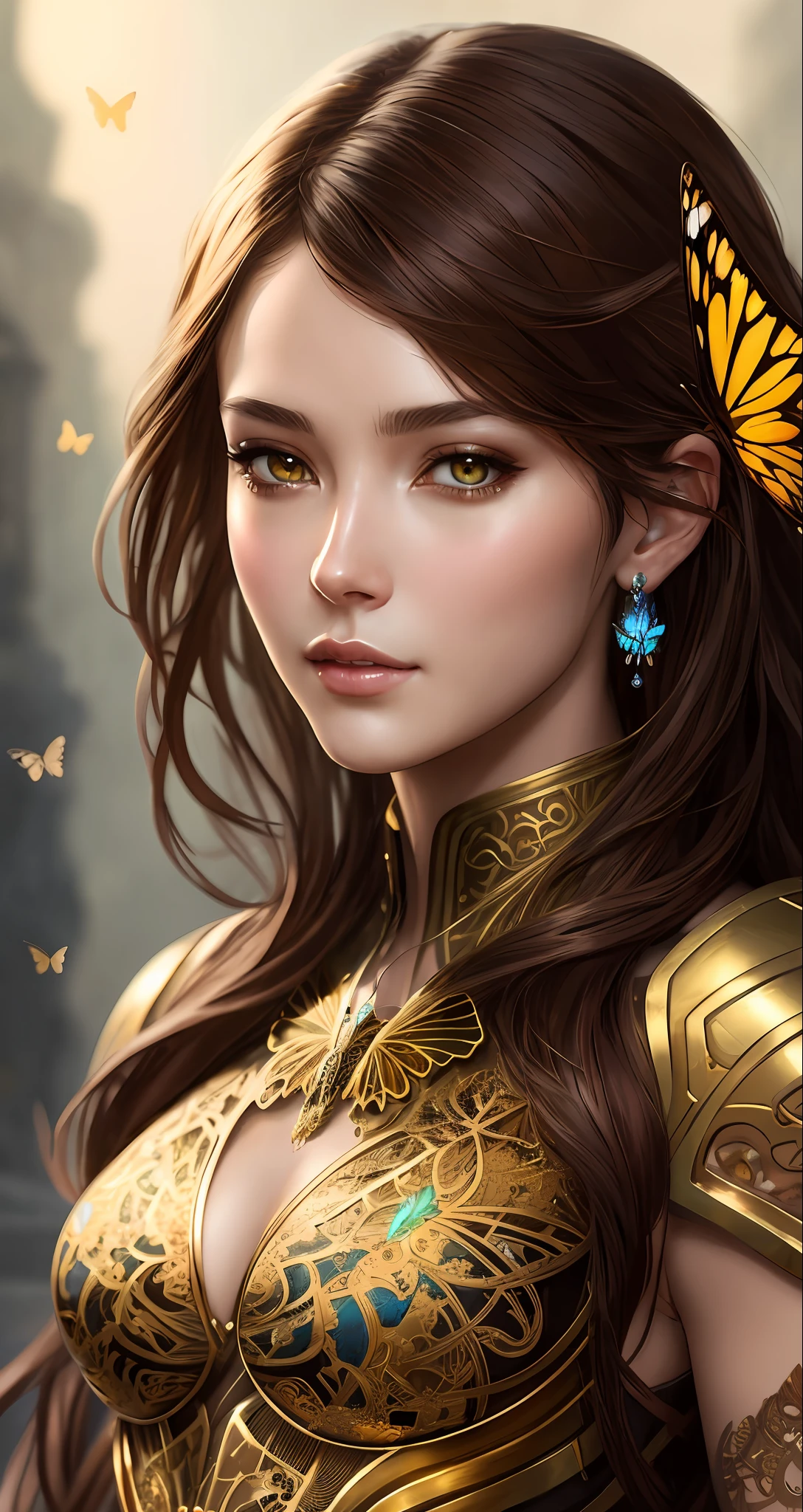 8k portrait of beautiful cyborg with brown hair, intricate, elegant, highly detailed, majestic, digital photography, art by artgerm and ruan jia and greg rutkowski surreal painting gold butterfly filigree, broken glass, (masterpiece, sidelighting, finely detailed beautiful eyes: 1.2), hdr,