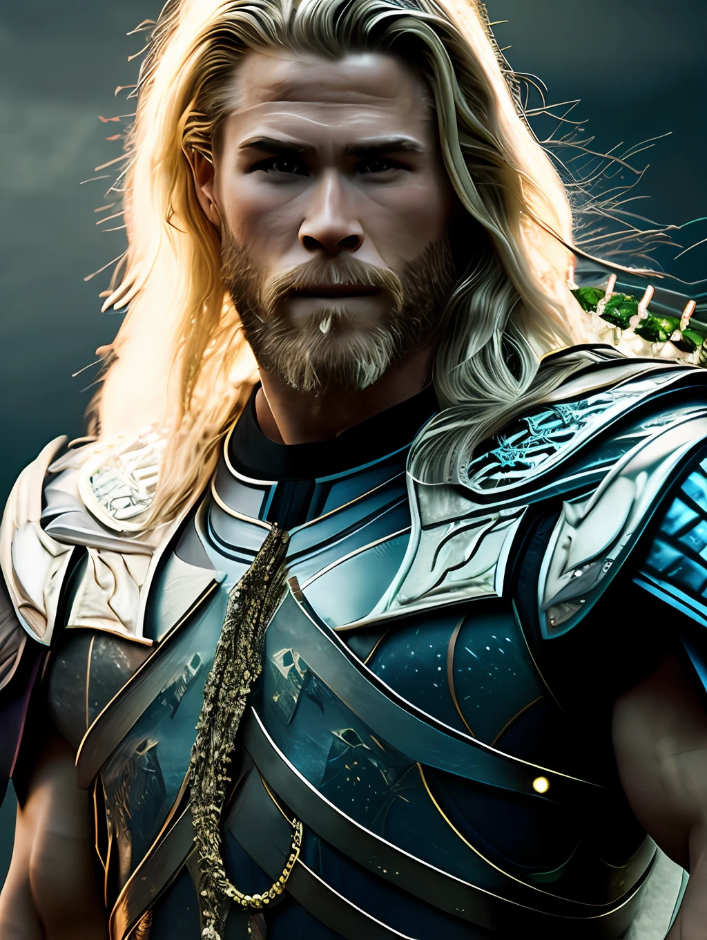 A photorealistic portrait of Chris Hemsworth with long white hair, as Poseidon God of the Seas, wearing a chain around his neck (glowing green chain:1.2) (in hand:1.2), cinematic rim light, very strong and fitted, intense action, dynamic juxtaposition, wearing royal clothes and holding a bronze trident with precious gems, warrior helmet and a sword, with a futuristic underwater kingdom as the background, fierce, tumblr contest winner, hurufiyya, very strong and masculine, movie still, cinematic lighting. photograph, detailed symmetric realistic face, extremely detailed natural texture, peach fuzz, long waived hair, masterpiece, absurdres, nikon d850 film stock photograph, kodak portra 400 camera f1.6 lens, extremely detailed, amazing, fine detail, hyper realistic lifelike texture, dramatic lighting, unrealengine, trending on artstation, cinestill 800 tungsten, looking at the viewer, photo realistic, RAW photo, TanvirTamim, high quality, highres, sharp focus, extremely detailed, cinematic lighting, 8k uhd,-imagine-