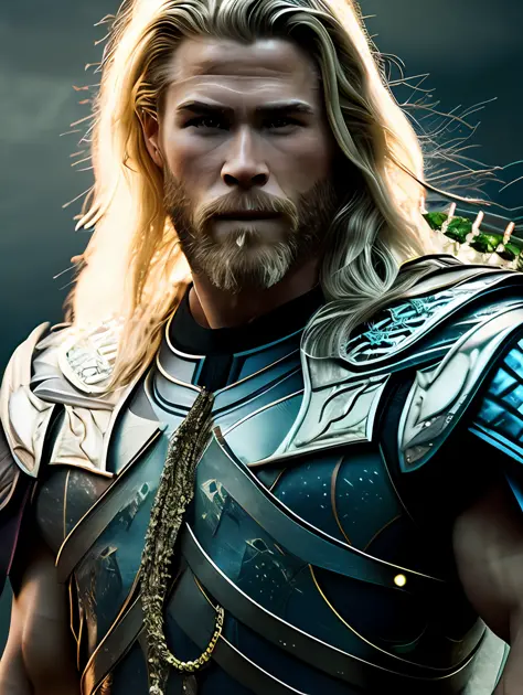 A photorealistic portrait of Chris Hemsworth with long white hair, as Poseidon God of the Seas, wearing a chain around his neck ...