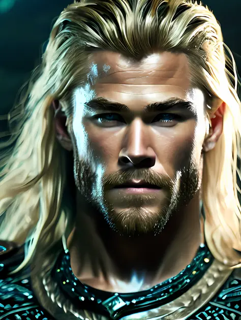 A photorealistic portrait of Chris Hemsworth with long white hair, as Poseidon God of the Seas, wearing a chain around his neck ...