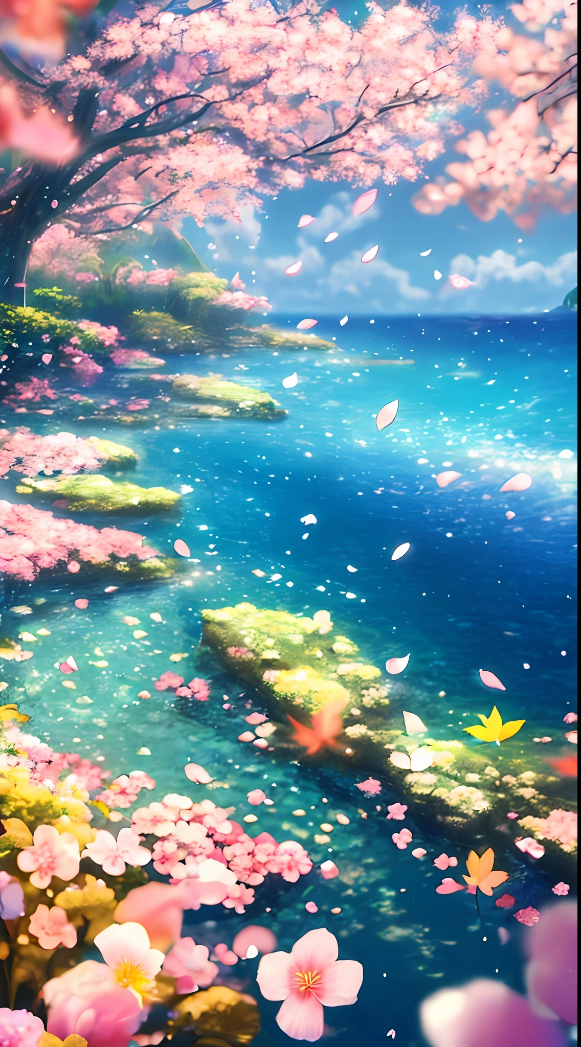 Masterpiece, best quality, (very detailed CG unity 8k wallpaper) (best quality), (best illustration), (best shadows) Nature&#39, blue sea,delicate leaves petals of various colors falling in the air light Tracking, super detailed --v6