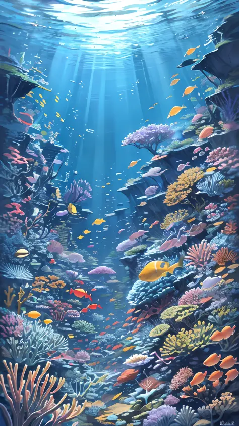 a undersea background, close to the surface, daylight, with fishes and sea life around, bluish tones. --auto --s2