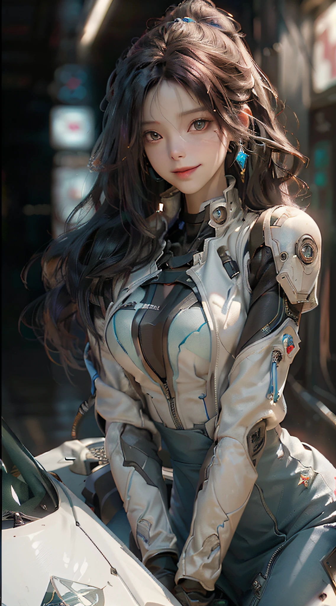 ((Best Quality)), ((Masterpiece)), (Detail: 1.4), 3D, A Beautiful Cyberpunk Female Figure, HDR (High Dynamic Range), Ray Tracing, NVIDIA RTX, Super-Resolution, Unreal 5, Subsurface Scattering, PBR Texture, Gray Hair, Incredibly Long Hair, Smile, Look Over, Sitting on a Motorcycle, Post-Processing, Anisotropic Filtering, Depth of Field, Maximum Clarity and Clarity, Multi-layered Texture , Albedo and Specular Mapping, Surface Coloring, Accurate Simulation of Light-Material Interactions, Perfect Proportions, Octane Render, Bicolor Light, Large Aperture, Low ISO, White Balance, Rule of Thirds, 8K RAW,