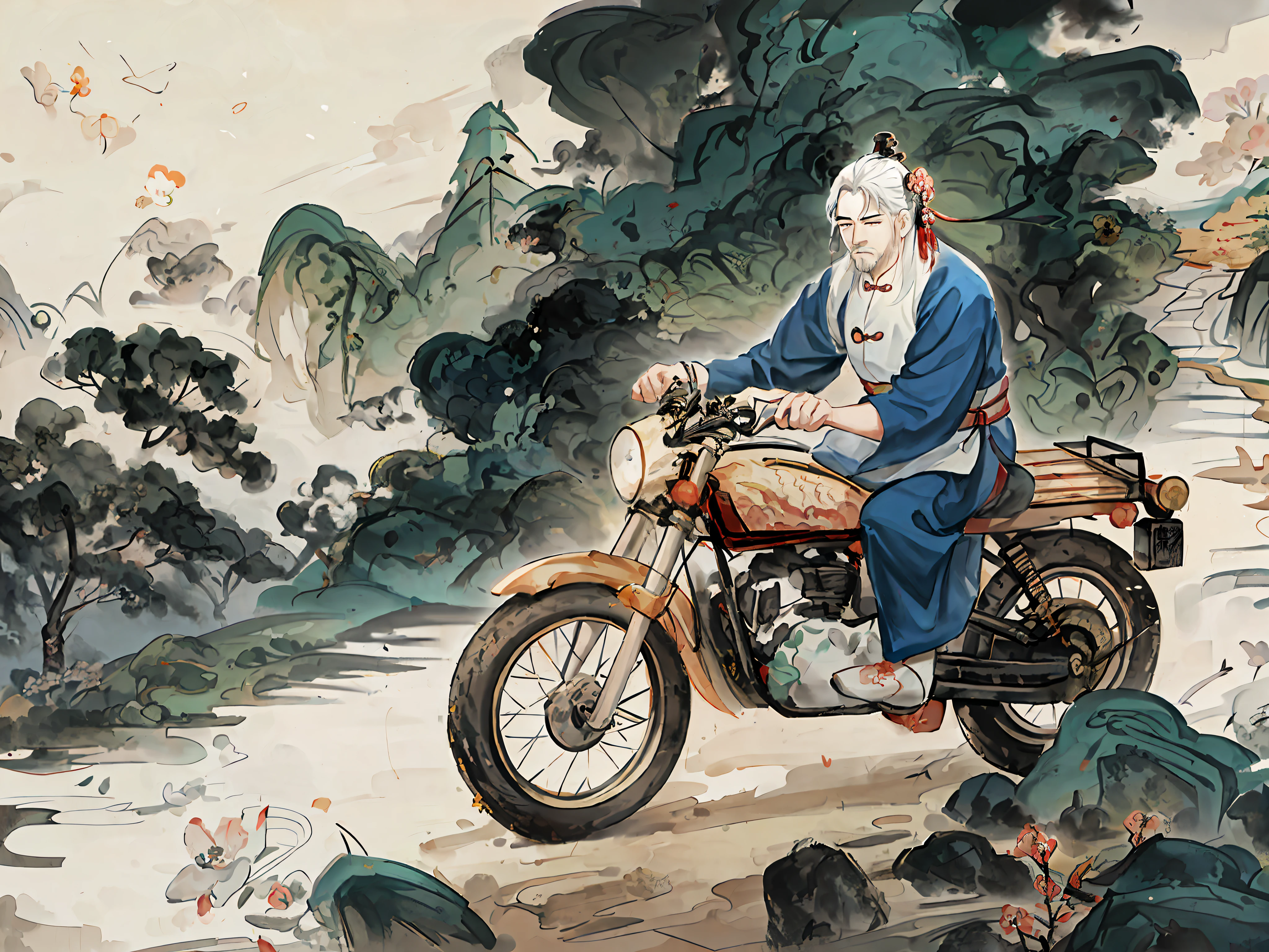 painting of a man on a motorcycle in a landscape with trees, inspired by Wu Daozi, inspired by Huang Binhong, inspired by Wang Zhenpeng, inspired by Hiroshi Honda, inspired by Hu Zaobin, inspired by Yun-Fei Ji, by Li Zai, inspired by Li Shixing, sitting on a motorcycle, inspired by Zhang Shengwen