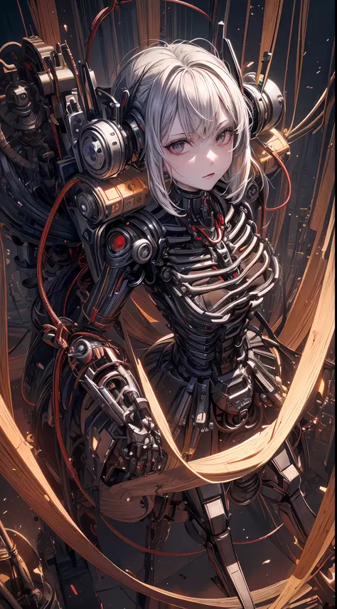 (((Masterpiece))), ((Best Quality)), (Super Detail), (CG Illustration), (Very Evil and Beautiful)), Cinematic Light, ((1 Mechanical Girl)), Single, (Mechanical Art: 1.4), ((Mechanical limb)), (Blood vessel attached to a tube), ((Mechanical spine attached to the back)), ((Mechanical cervical vertebrae attached to the neck), (Back to the viewer)), expressionless, ( Wires and cables attached to the head and body: 1.5), Science Fiction, Apocalypse, Ruins, (Lower Body Integrated with Mechanical Devices), (Blood: 1.5), Cruelty, Absurdity, Eroglotesque, Fusion with Machines, Doomsday Time, Super Future, Inorganic, Laboratory, Restraint, (Beautiful Indulgence: 1.2), (1 Girl: 1.3)
