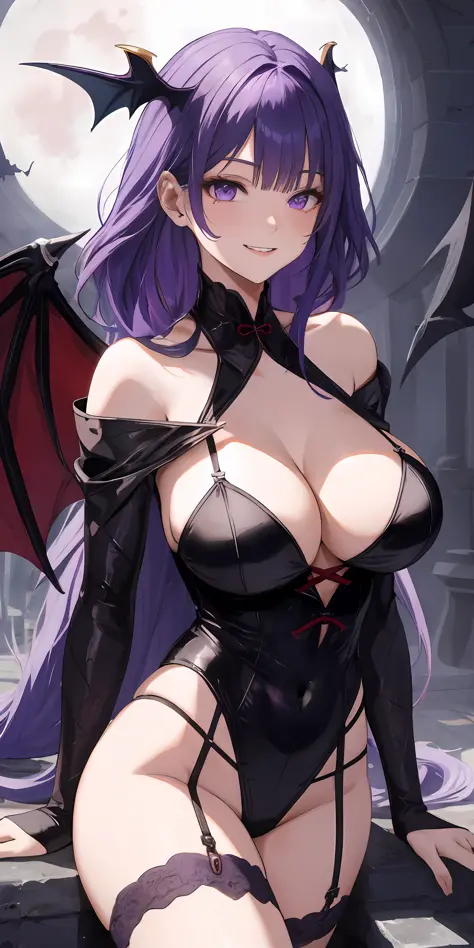 Vampire, bat wings, night sky, red moon, yandere smile, psychopathic smile, blood on face, blooded background, evil smile, teeth fangs, eyes shaped symbol| + |, cleavage, hq, 8k, large breasts, revealing cleavage, pulling dress down, big boobs, squeezing b...