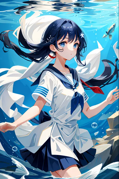 Beautiful shot of a long-haired woman in uniform and a fish in the water, sailor fuku, short sleeves, skirt and neckerchief in t...