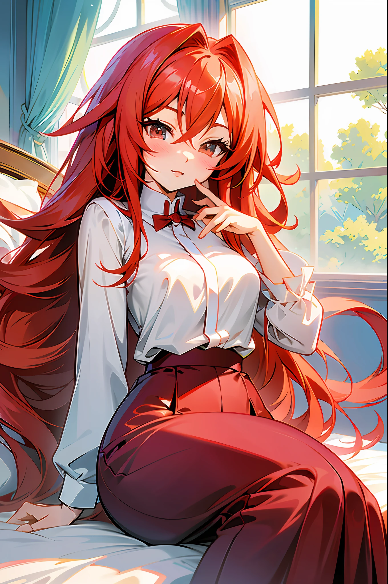 Anime girl with red long hair sitting on bed, Rias Gremory, seductive anime girl, anime girl with long hair, anime visual of cute girl, cute anime girl, (anime girl), beautiful anime girl, beautiful anime girl, attractive anime girl, anime girl, young anime girl, cute anime outer house in beautiful clothes, anime art wallpaper 8k, fix fingers