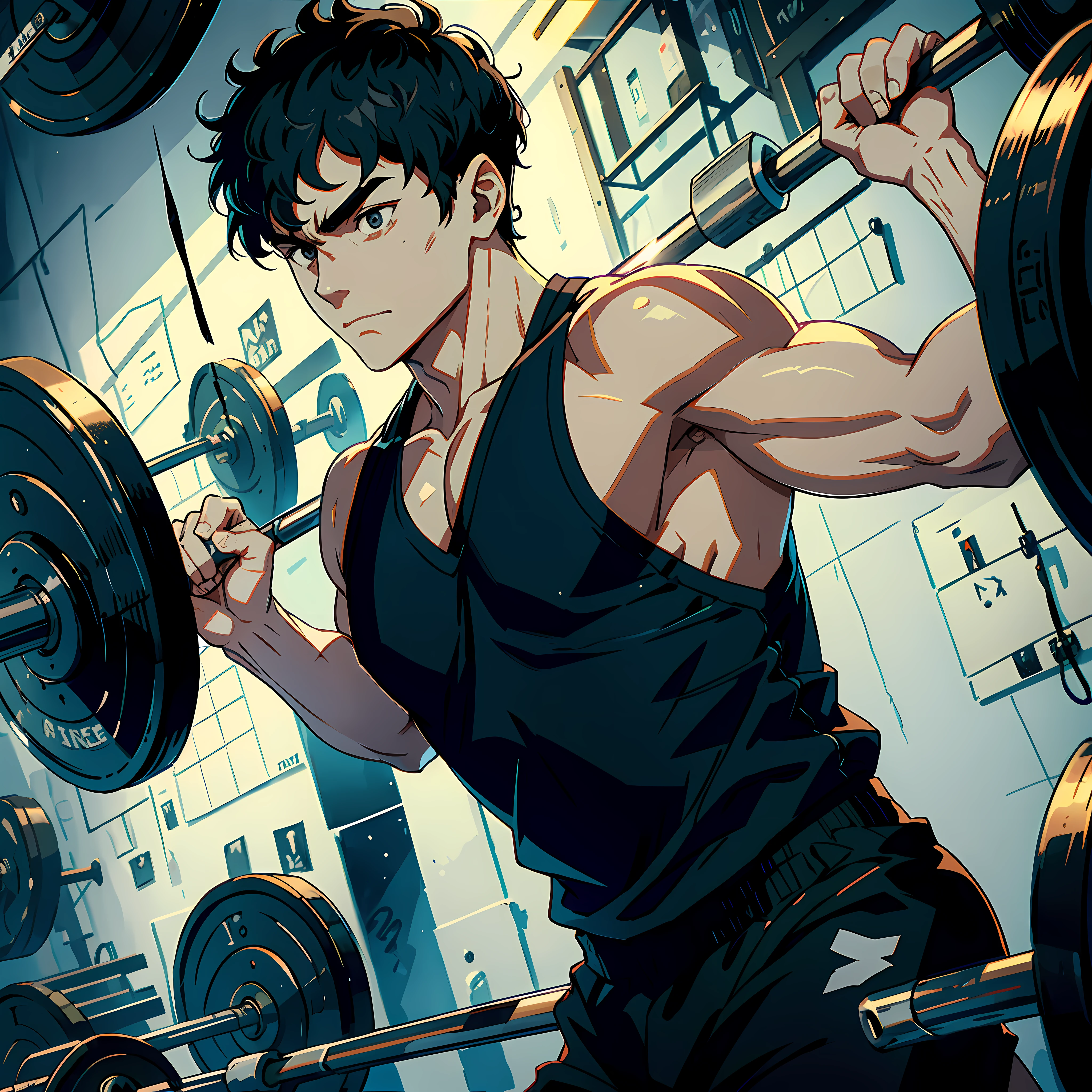 Anime man lifting a barbell in a gym with a barbell in his hand - SeaArt AI