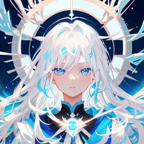 Close-up of a teenager with long white hair, Shota, a teenager with white hair and bright blue eyes, portrait of Yang J, winner of the pixiv competition, fantasy art, white-haired god, beautiful character painting, Guvez style artwork, the glare of Yuki On...