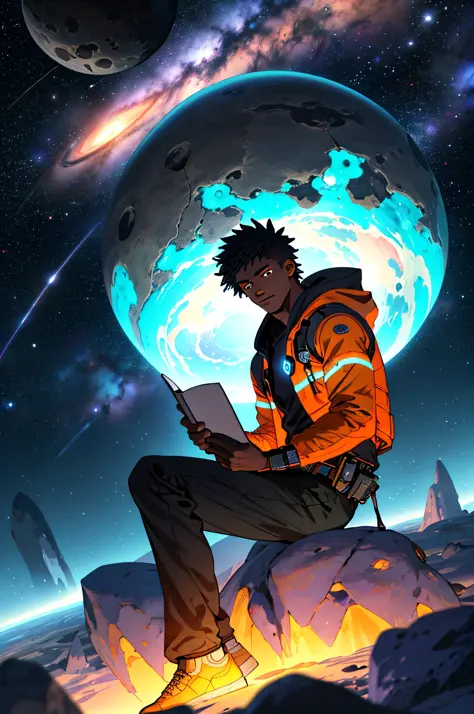Draw a young African sitting on a research platform floating in the middle of an asteroid belt. He is studying with a Notebook, surrounded by several asteroids glowing with auras of fire, Astrophotography, The dramatic illumination of distant stars and pla...