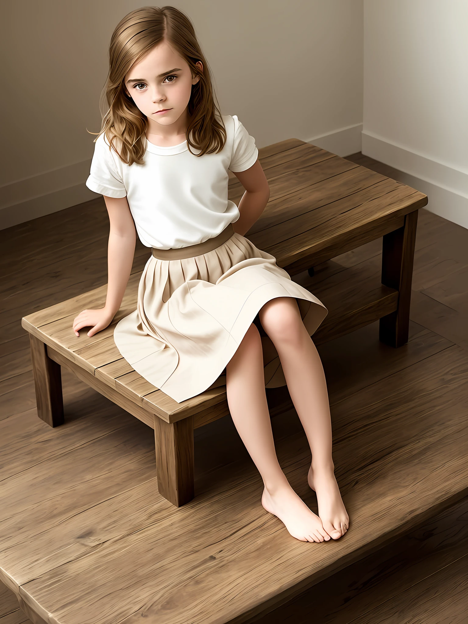 Arafed girl sitting on a wooden bench in a white shirt and tan skirt -  SeaArt AI