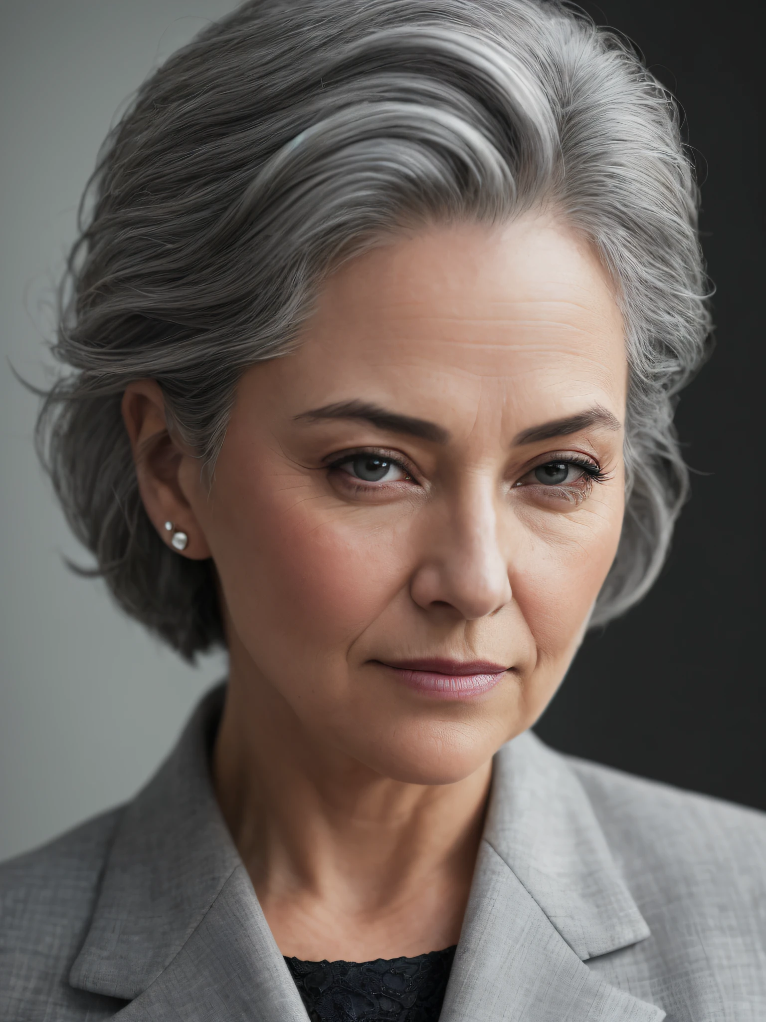 photo of a gray-haired woman in an elegant business suit, wide-frame photo, photo shoot style, exquisite, detailed, dramatic, elite, real world, (hard focus, 8 k), (((natural skin texture))), 8k textures, soft cinematic light, adome lightroom, photo lab, hdr, intricate, elegant, highly detailed, clear focus, (((cinematic look))), soothing tones, crazy detail, high detail, low contrast, soft cinematic light, dull colors, mixing exposures, HDR, fade, 35 mm, f/1.4, ISO, f16, 25 sec.