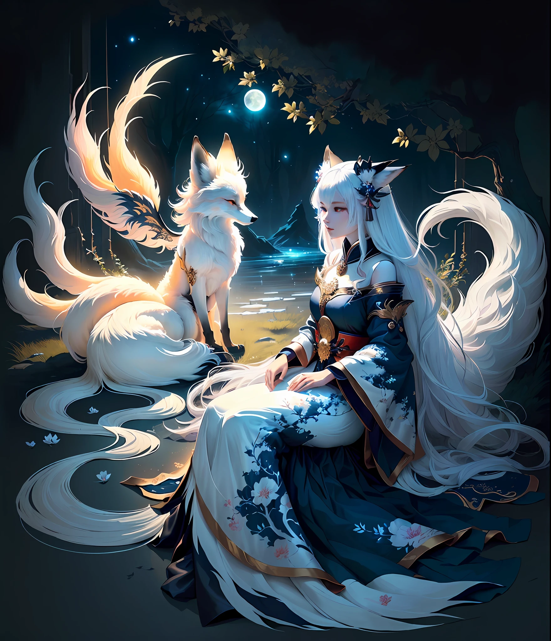 The background is a painting of a big moon, dreamy, a fox with white ...