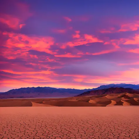 Death Valley, desert, mountains in the background, inhospitable, barren, reddish sky, some clouds, high detail, cinematic lighting, optical illusion, UHD, masterpiece, high details, best quality, 16k --auto --s2