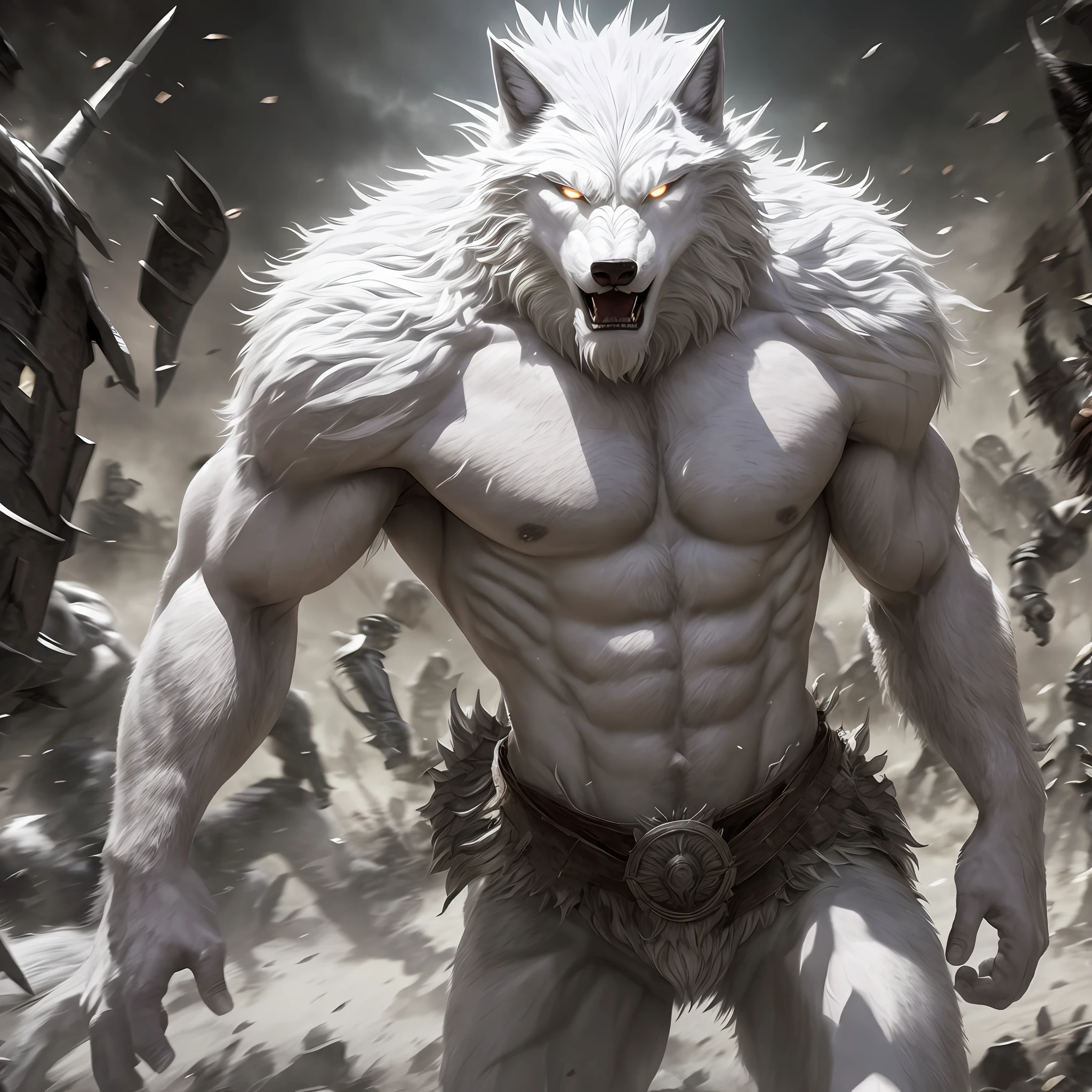Hombre transformándose en hombre lobo blanco en medio de una batalla con varias personas, Realista, Full HD, mejor calidad