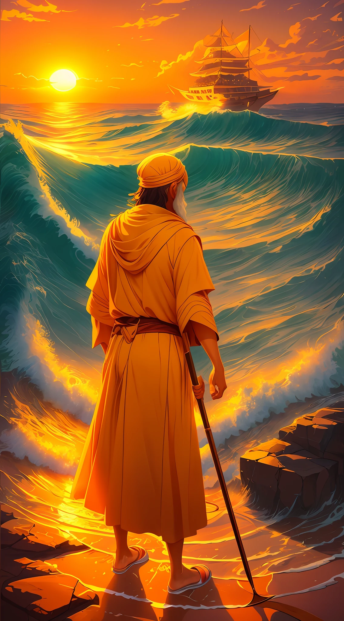 Malerei Moses biblische Figur, hohes Alter 80 Jahre, Kleidung des Propheten, mit einem erhobenen Stab, das Meer öffnen, Meer geteilt in zwei Spalten, Makoto Shinkai Cyril Rolando, Makoto Shinkai. digitales rendern, Meisterwerk, beste Qualität, (8k sehr detailliertes CG-Unit-Hintergrundbild) (beste Qualität), (beste Illustration), (bester Schatten) Goldene Wellen, leuchtend orange AOL Sonnenuntergang durch die Wellen,