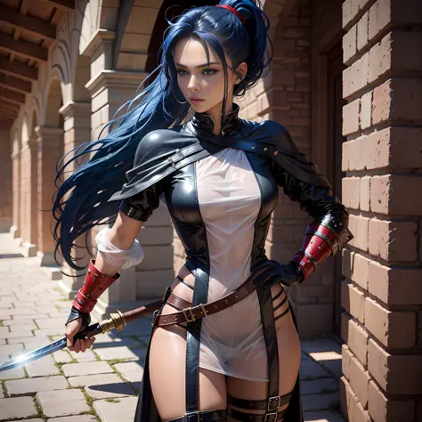 Ponytail, beautiful female warrior, approximately 20 years of age, with a perfect body and dressed in shiny leather elements? The character has dark blue hair with red highlights, tied in a horse tail, and holds a short sword in her hand. I would like the ...