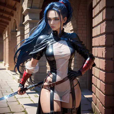 Ponytail, beautiful female warrior, approximately 20 years of age, with a perfect body and dressed in shiny leather elements? The character has dark blue hair with red highlights, tied in a horse tail, and holds a short sword in her hand. I would like the ...