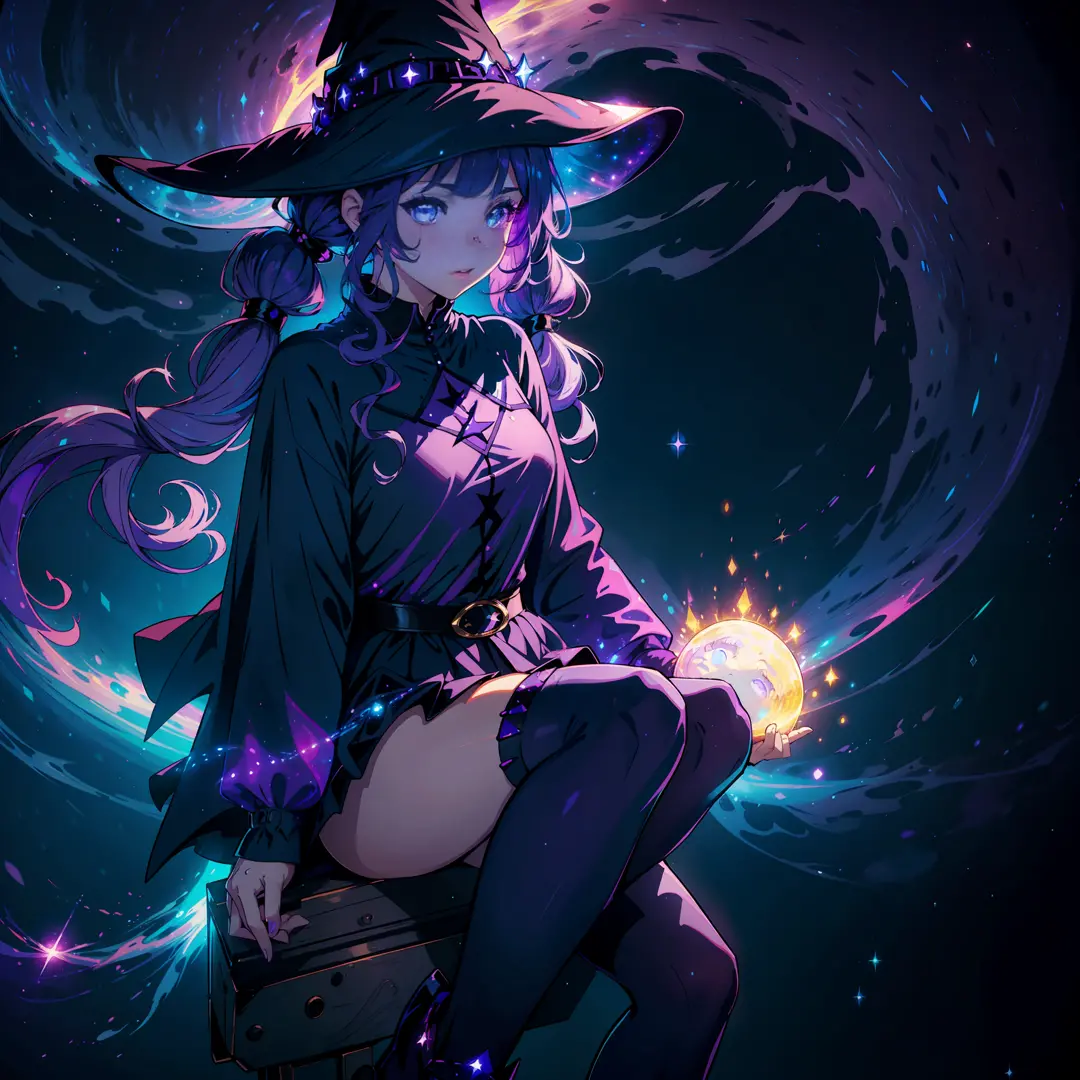 1girl, solo, plump, witch, purple, blue eyes, glowing eyes, cape, star pattern, purple t-shirt, wavy skirt, sequins, transparent fabric, black socks, witch hat, glowing star, purple long hair, twintails, bangs, sitting, fire, lights, flying lights