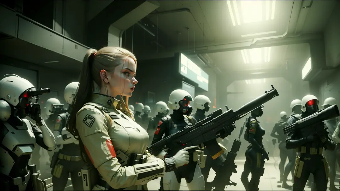 there are many red plastic figures lined up, cinematic frame, trendy futuristic woman holding a gun, by Thomas Doughty, cyber wars, wearing latex, by Władysław Podkowiński, militarist, presented in cinematic, cinematic rendering --ar 16:9 --auto --s2