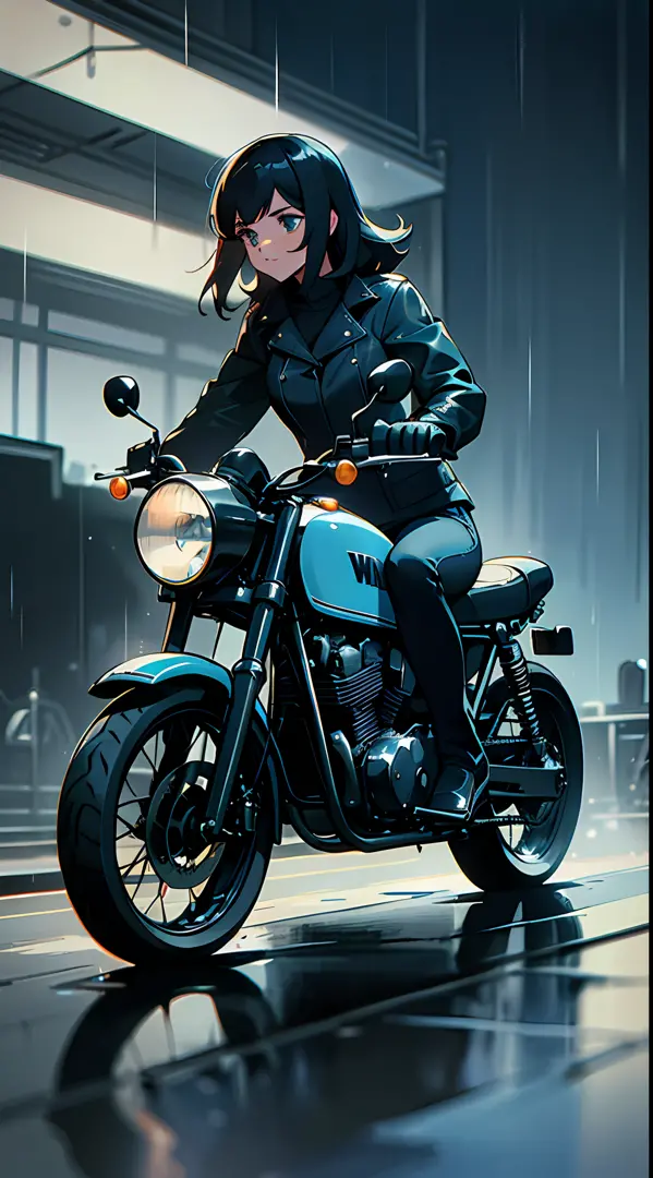 There is a black motorcycle parked on a white surface, 1 9 6 0 s Café racer, 1970 ', restored, a beautiful, vintage - W 1 0 2 4,female biker driving,city night background, (main color: navy blue), (secondary color: brown), rain, wet ground
