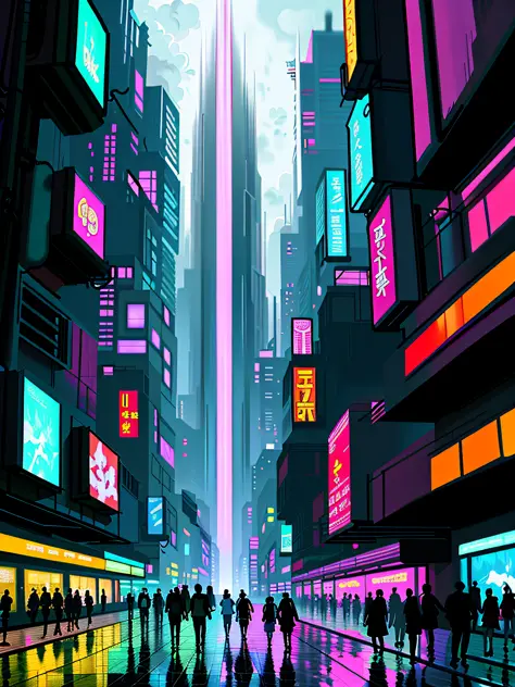 anime style digital art, brush strokes, painterly, impressionist style, half painted, Neo Babylon cyberpunk metropolis, neon acc...