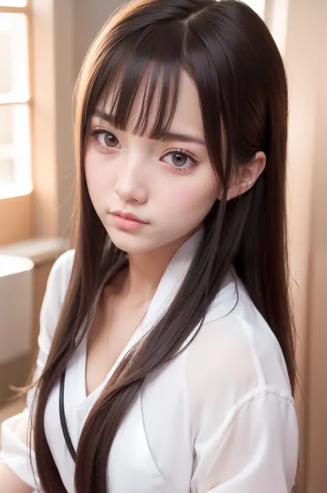 there is a woman with long hair and a white shirt, girl cute-fine-face, beautiful japanese girls face, cute natural anime face, young adorable korean face, kawaii realistic portrait, young cute wan asian face, sakimi chan, portrait cute-fine-face, anime gi...