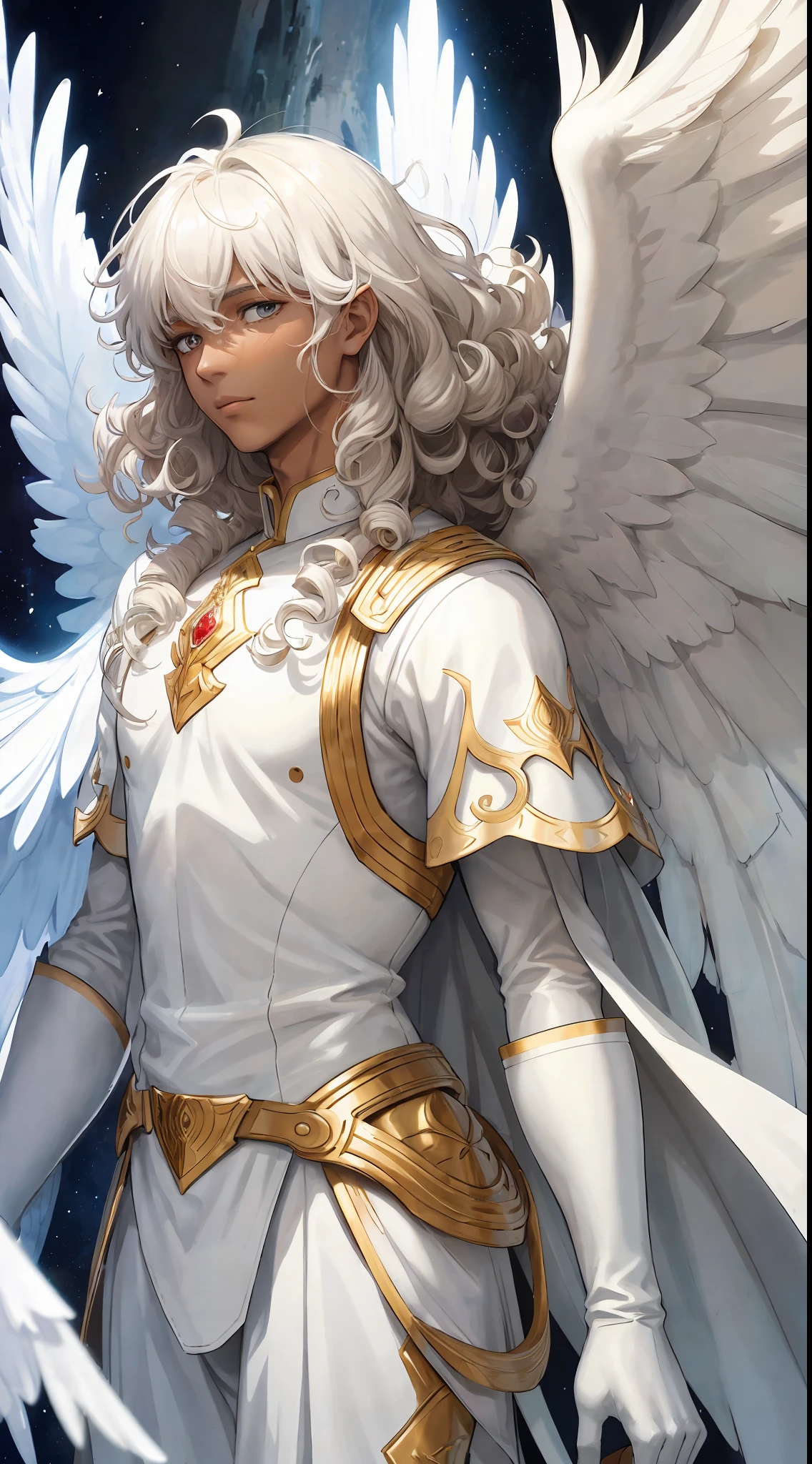 "((1 hombre):1.2) + ropa blanca + armadura blanca + múltiple + alas grandes + hada + ángel + Pelo RIZADO + [piel oscura: 0.9]" → "A man with alas grandes and Pelo RIZADO, dressed in ropa blanca and armor, in a magical scene of fairies and ángels, and with piel oscura weighted to 0.9."