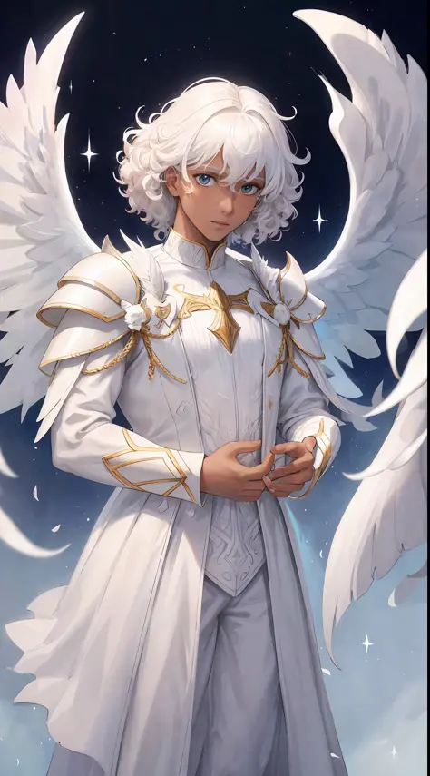 "((1 man):1.2) + white clothes + white armor + multiple + large wings + fairy + angel + curly hair + [dark skin: 0.9]" → "A man ...