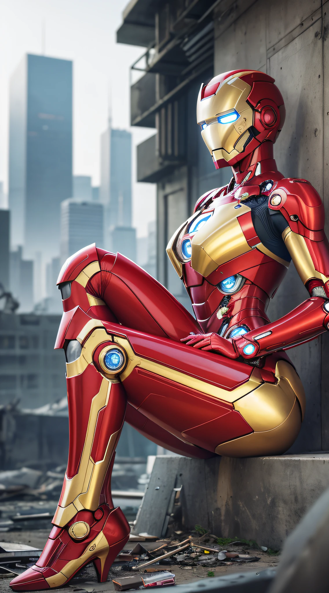 RAW, Masterpiece, Ultra Fine Photo,, Best Quality, Ultra High Resolution, Photorealistic, Sunlight, Full Body Portrait, Stunningly Beautiful,, Dynamic Poses, Delicate Face, Vibrant Eyes, (Side View) , she is wearing a futuristic Iron Man mech, red and gold color scheme, highly detailed abandoned warehouse background, detailed face, detailed and complex busy background, messy, gorgeous, milky white, high detailed skin, realistic skin details, visible pores , sharp focus, volumetric fog, 8k uhd, dslr camera, high quality, film grain, fair skin, photorealism, lomography, sprawling metropolis in futuristic dystopia, view from below, translucent --auto --s2
