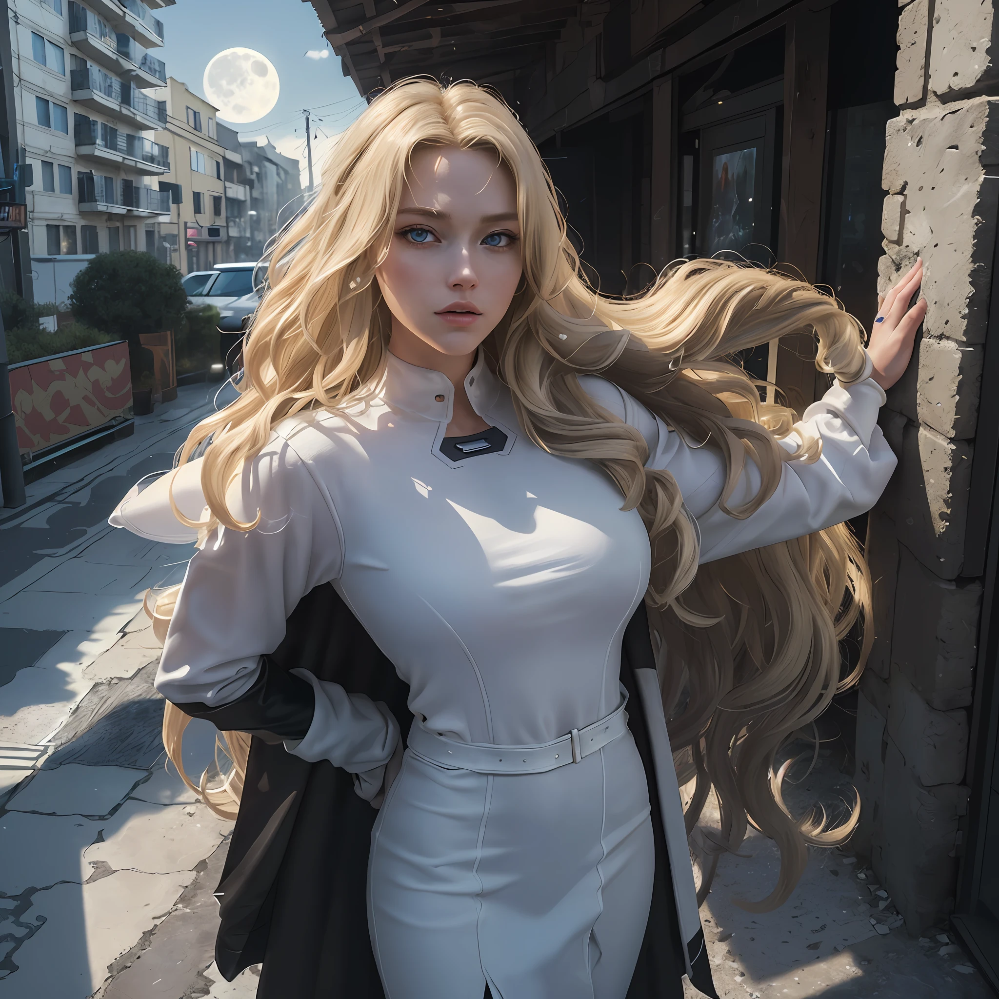 (Masterpiece, 4k resolution, ultra-realistic, very detailed), (White superhero theme, charismatic, there's a girl on top of town, wearing Absolute Comics white widow costume, she's a superhero), [ ((25 years), (long wavy blonde hair:1.4), full body, (blue eyes:1.2), ((black widow pose,show of strength, jump from one building to another), ((sandy urban environment):0.8)| (cityscape, at night, dynamic lights), (full moon))] # Explanation: The Prompt mainly describes a 4K painting of ultra-high definition, very realistic, very detailed. It shows a superheroine at the top of the city, wearing a white widow costume from Absolute Comics The theme in the painting is a white superhero theme, the female protagonist has long wavy blonde hair is 25 years old and her entire body is shown in the painting. In terms of portraying the actions of superheroines, spiders are slaves, details of a black symbiote in uniform