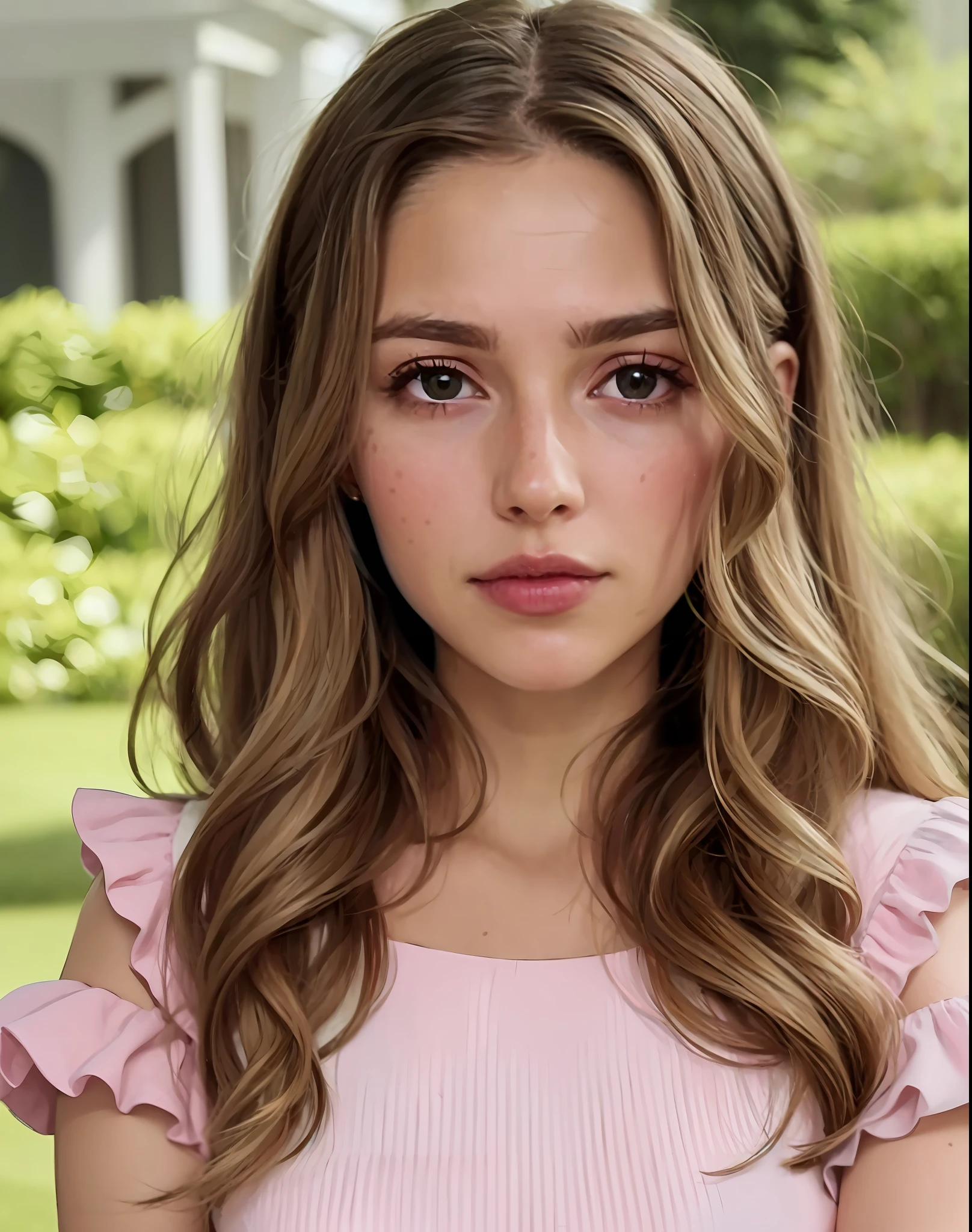 Portrait d&#39;une femme aux cheveux bruns ondulés avec des reflets blonds, yeux verts, top rose à manches bouffantes, dans un jardin