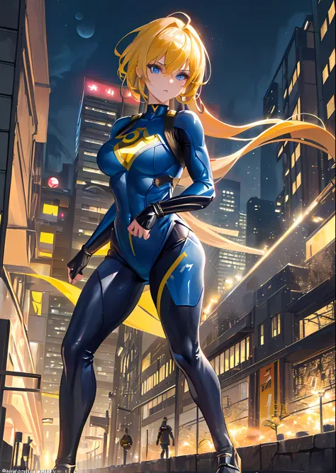 (Masterpiece, 4K resolution, ultra-realistic, very detailed), (Demon Slayer theme, charisma, there is a girl in the costume of Zenitsu Azuma in the city of Meiji, she is a superhero), [(25 years old), (Long gray hair: 1.2), full body, (Blue eyes: 1.2), (((...