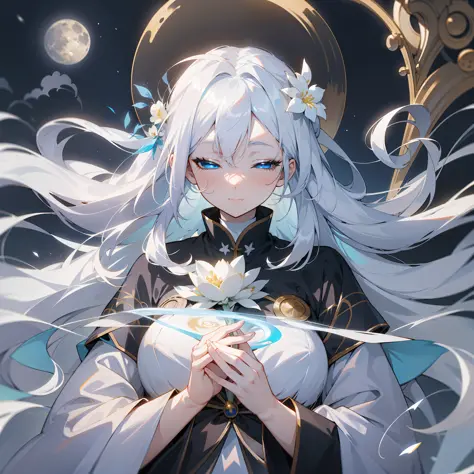 Anime girl with white hair and blue eyes and yellow moon, white hair deity, white hair translucent, white hair floating in the air, popular on cgstation, flowing white hair, long white hair, closed eyes, closed moon shame flower, no characters, eyelashes h...