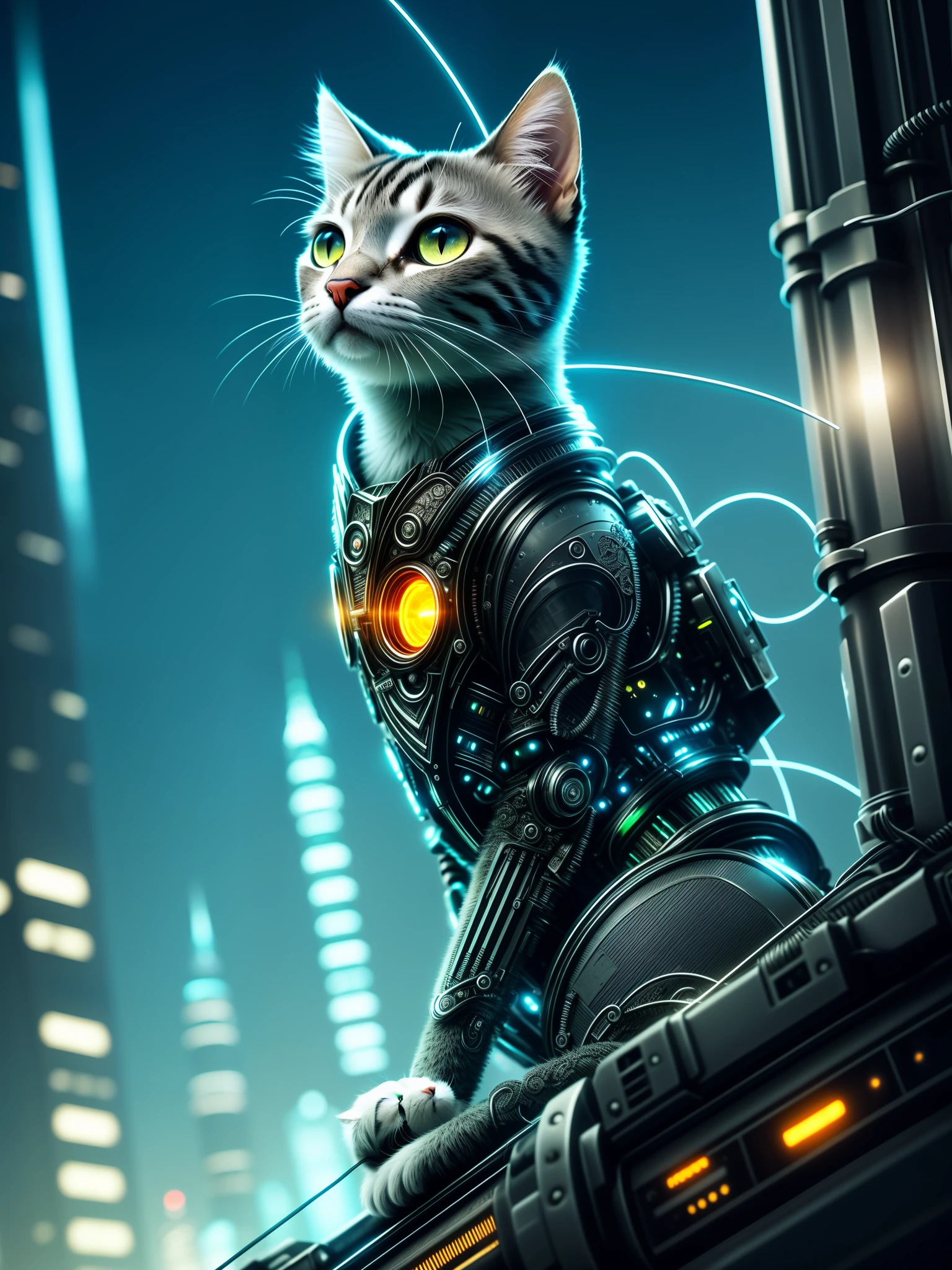 A beautiful kitten made of metal, (cyborg:1.1), ([tail | detailed wire]:1.3), (intricate details), HDR, (intricate details, hyperdetailed:1.2), cinematic plane, vignette, centered, bio luminescence, in a futuristic city