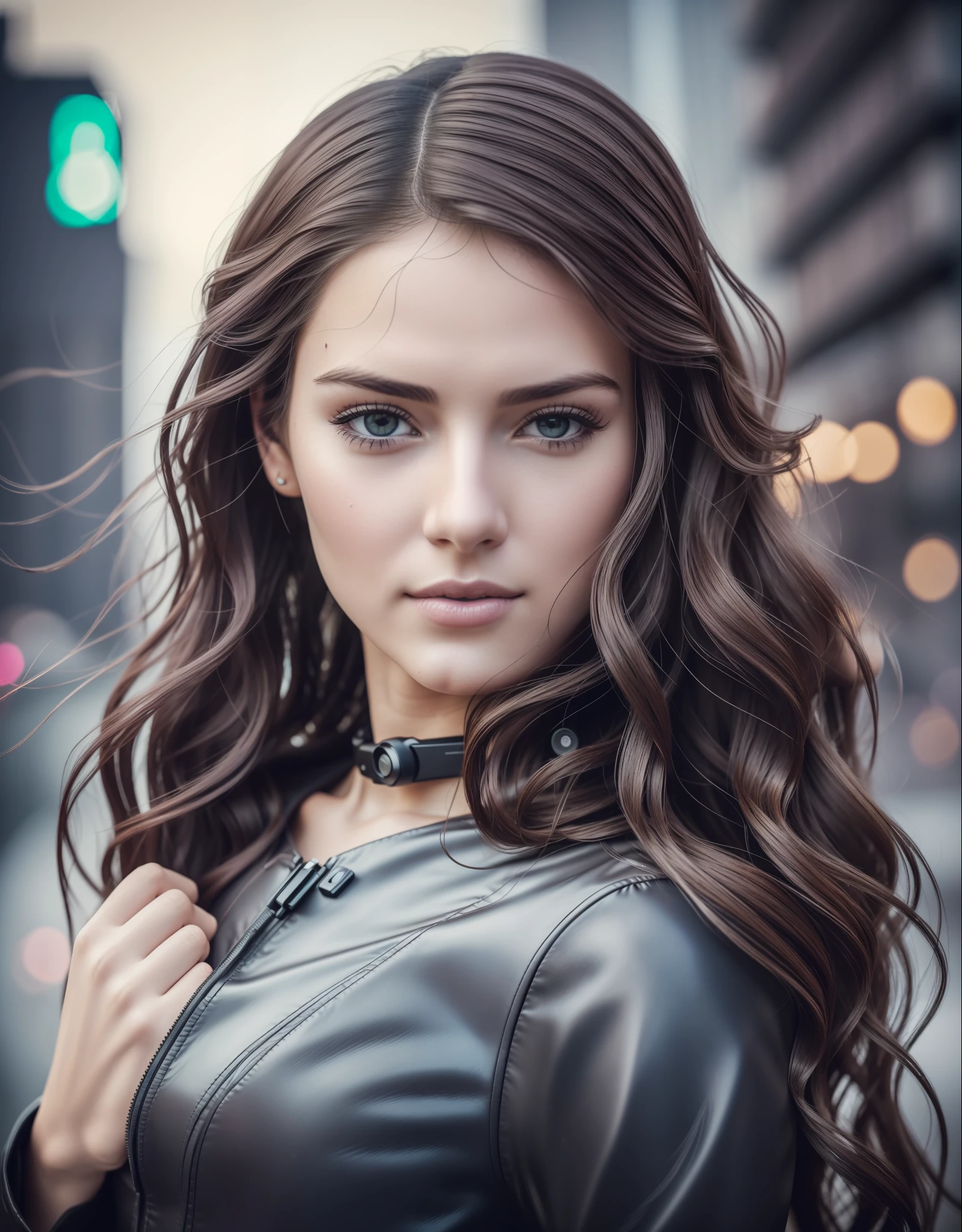 Full face portrait photo of 25 year old European girl, RAW, beautiful woman, semi-open strawberry lips, dimples, pensive expression, (extra long wavy brown hair), ((detailed face)), ((detailed facial features)), (fine detailed skin), pale skin, ( detailed high-tech cyberpunk dress with deep neckline), cyberpunk mega city environment, (cool colors), damp, wet, reflection, (masterpiece)(perfect proportions)(realistic photo)(top quality)(detailed), taken with Canon EOS R5, 50mm lens, f/2.8, HDR Pose, (8k)(Wallpaper)(Film Lighting)(Dramatic Lighting)(Sharp Focus)(Complex), RAW Photo, Gigachad Photo, Pose for Camera, 8k UHD, Digital SLR, High Quality, Grain Film, Fujifilm XT3 --auto --s2