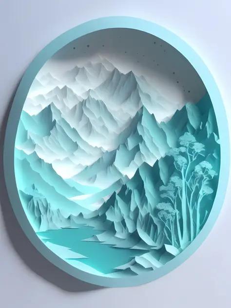 Chinese landscape illustration, three-dimensional paper cutting, paper carving, simple composition, light cyan color matching, 4K, 3D stereoscopic rendering, white background, canvas: center circle.