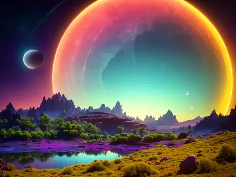 a lush alien landscape on a ringed planet with a moon in the sky, vivid colorful clouds, strange, sci-fi, ray tracing, detailed ...