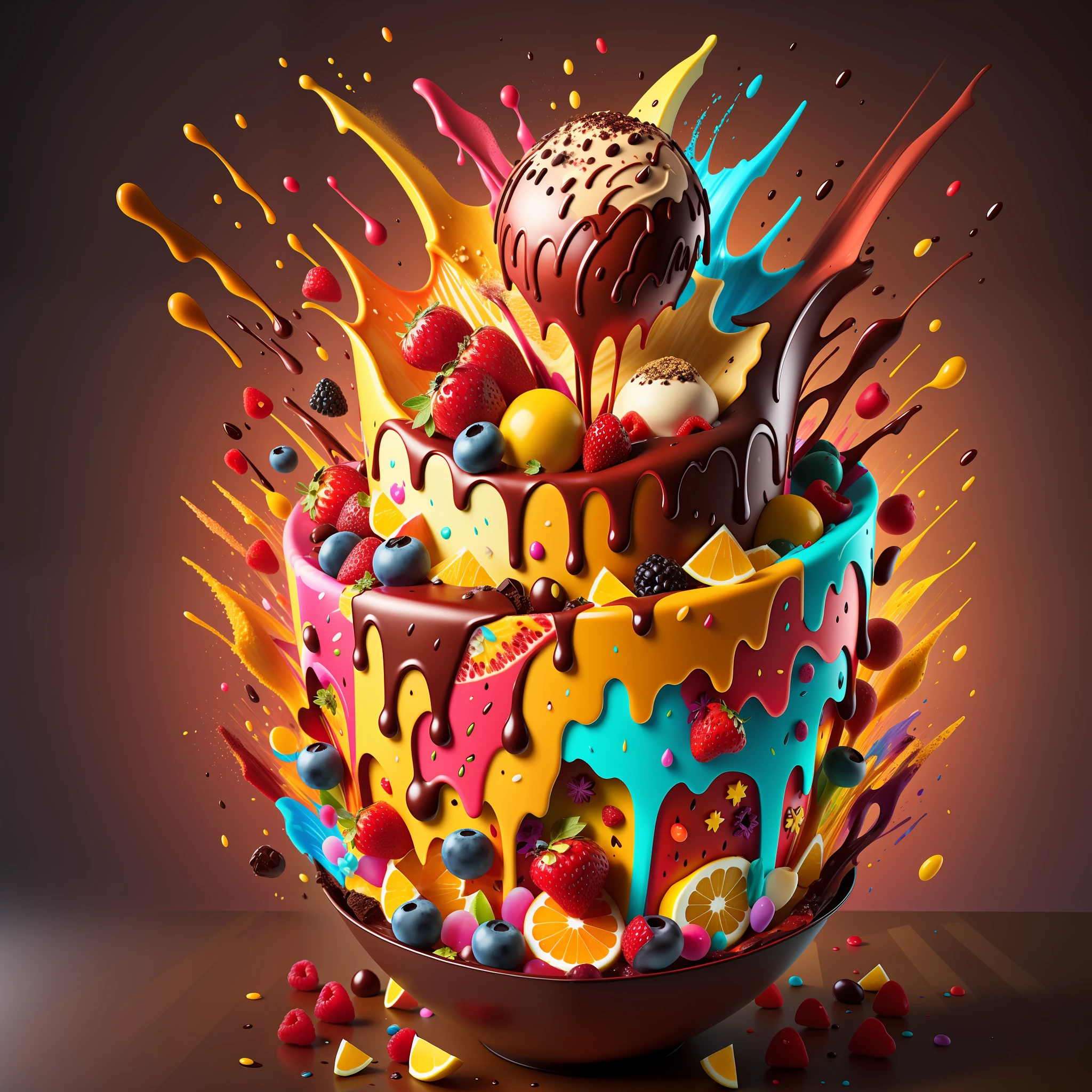 (explosion:0.6) of fruits and dark chocolate ice-cream, high detail, very realistic, bright environment, fruit explosion