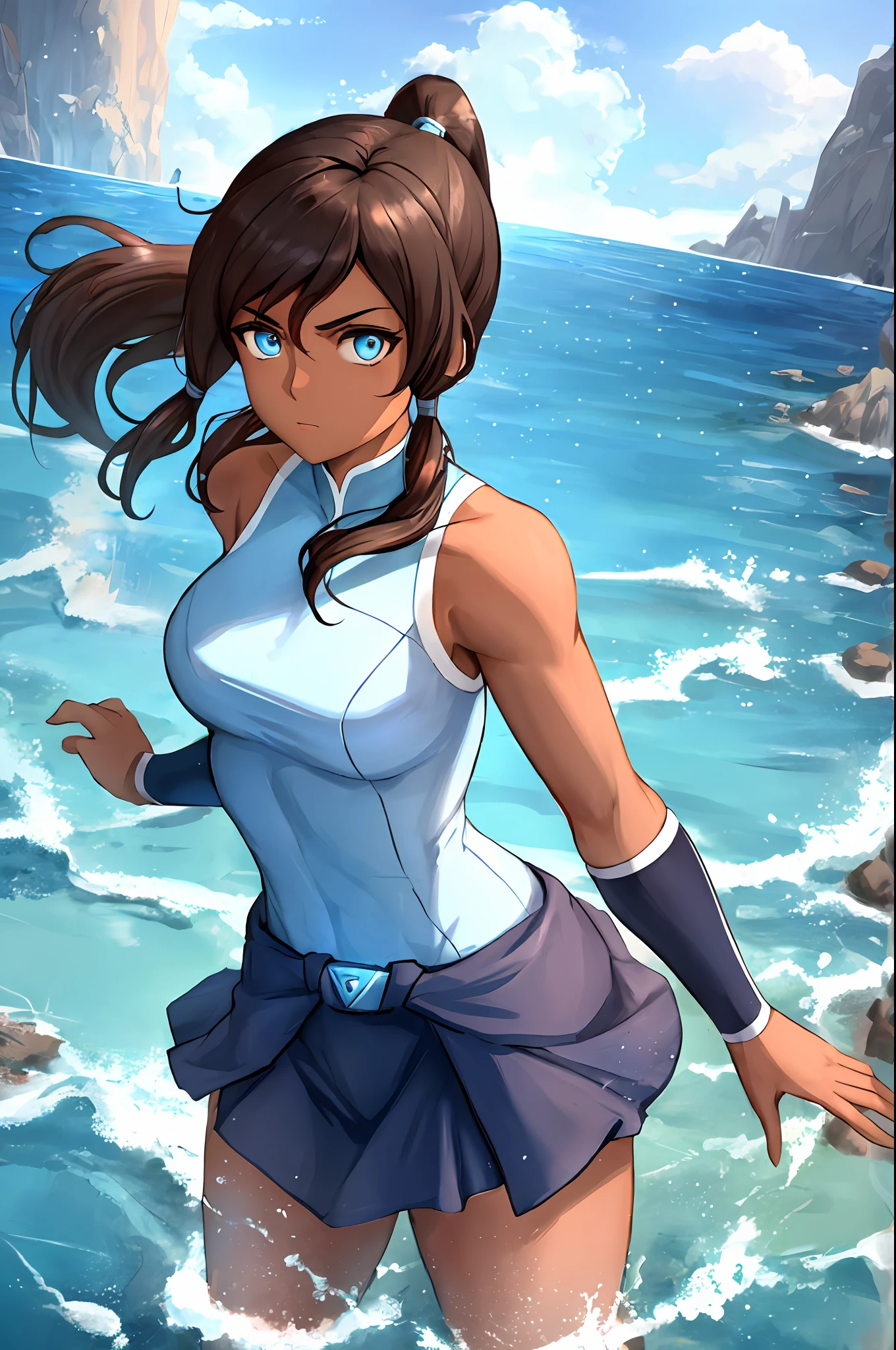 masterpiece, best quality, 1girl, korra, bending water, solo, dark skin, blue eyes, brown hair, dark-skinned, female, fire, hair tubes, water, ponytail, long hair, buns, big, bare shoulders, wearing a bikini