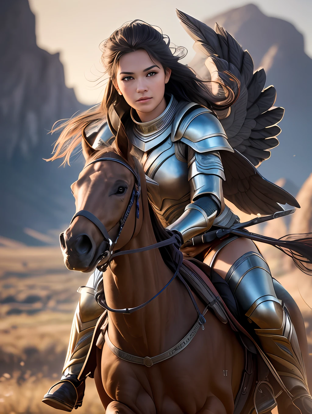 An ultrareakistic epic Fotografiay of a Valkyrie warrior on a horse riding into the battle, ação intensa, luz de aro cinematográfica, ação intensa, justaposição dinâmica, jovem guerreiro, very alta qualidade face, imagem explorável, cabelo longo e ventoso, dobras dinâmicas estilizadas, mulher muito rústica e bonita, Foco total, mudança de inclinação, iluminação cinematográfica, filme ainda, iluminação cinematográfica, Fotografia, rosto realista simétrico detalhado, extremamente detalhado natural texture, penugem de pêssego, obra de arte, absurdos, nikon d850 film stock Fotografia, câmera f1.6 lentes, extremamente detalhado, Incrível, Detalhes finos, textura realista hiper-realista, iluminação dramática, motor irreal, cinestill 800 tungstênio, olhando para o espectador, Foto CRU, alta qualidade, alta resolução, foco nitído, extremamente detalhado, 8k hd.