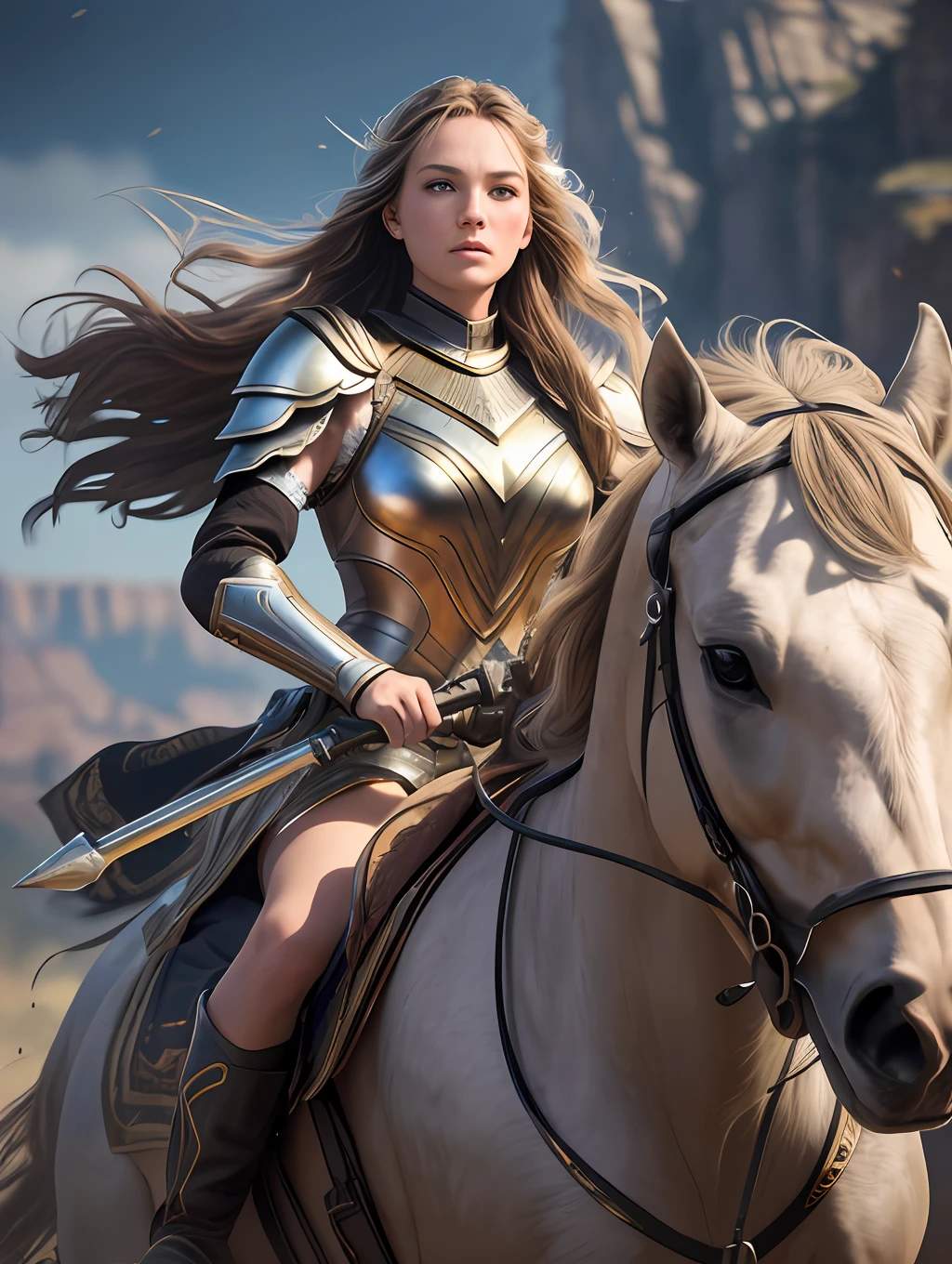 An ultrareakistic epic photography of a Valkyrie warrior on a horse riding into the battle, intense action, cinematic rim light, intense action, dynamic juxtaposition, young warrior, very high quality face, exploitable image, long windy hair, stylized dynamic folds, very rustic and beautiful woman, full focus, tiltshift, cinematic lighting, movie still, cinematic lighting, photograph, detailed symmetric realistic face, extremely detailed natural texture, peach fuzz, masterpiece, absurdres, nikon d850 film stock photograph, camera f1.6 lens, extremely detailed, amazing, fine detail, hyper realistic lifelike texture, dramatic lighting, unrealengine, cinestill 800 tungsten, looking at the viewer, RAW photo, high quality, highres, sharp focus, extremely detailed, 8k uhd.
