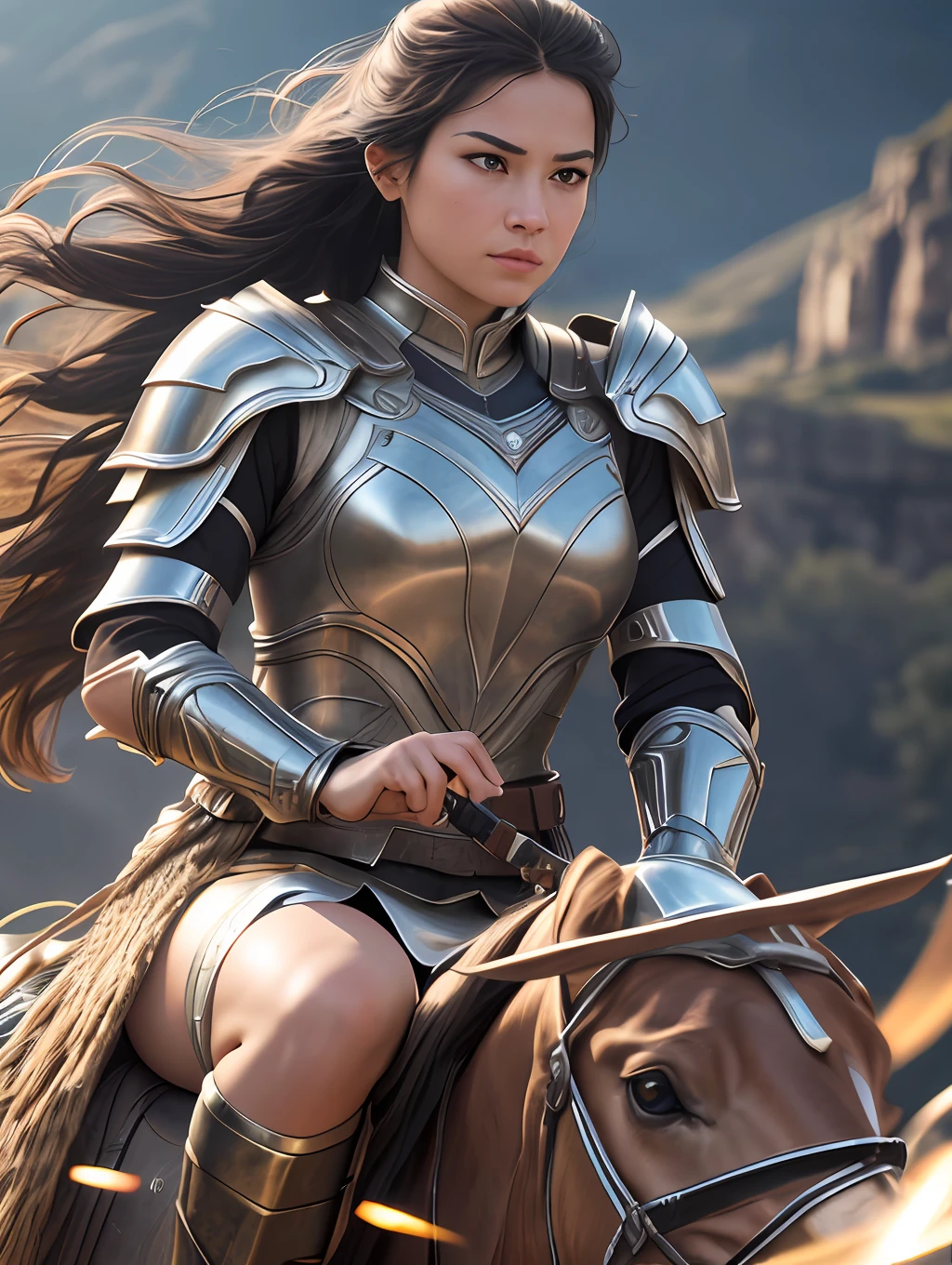 An ultrareakistic epic photography of a Valkyrie warrior on a horse riding into the battle, intense action, cinematic rim light, intense action, dynamic juxtaposition, young warrior, very high quality face, exploitable image, long windy hair, stylized dynamic folds, very rustic and beautiful woman, full focus, tiltshift, cinematic lighting, movie still, cinematic lighting, photograph, detailed symmetric realistic face, extremely detailed natural texture, peach fuzz, masterpiece, absurdres, nikon d850 film stock photograph, camera f1.6 lens, extremely detailed, amazing, fine detail, hyper realistic lifelike texture, dramatic lighting, unrealengine, cinestill 800 tungsten, looking at the viewer, RAW photo, high quality, highres, sharp focus, extremely detailed, 8k uhd.